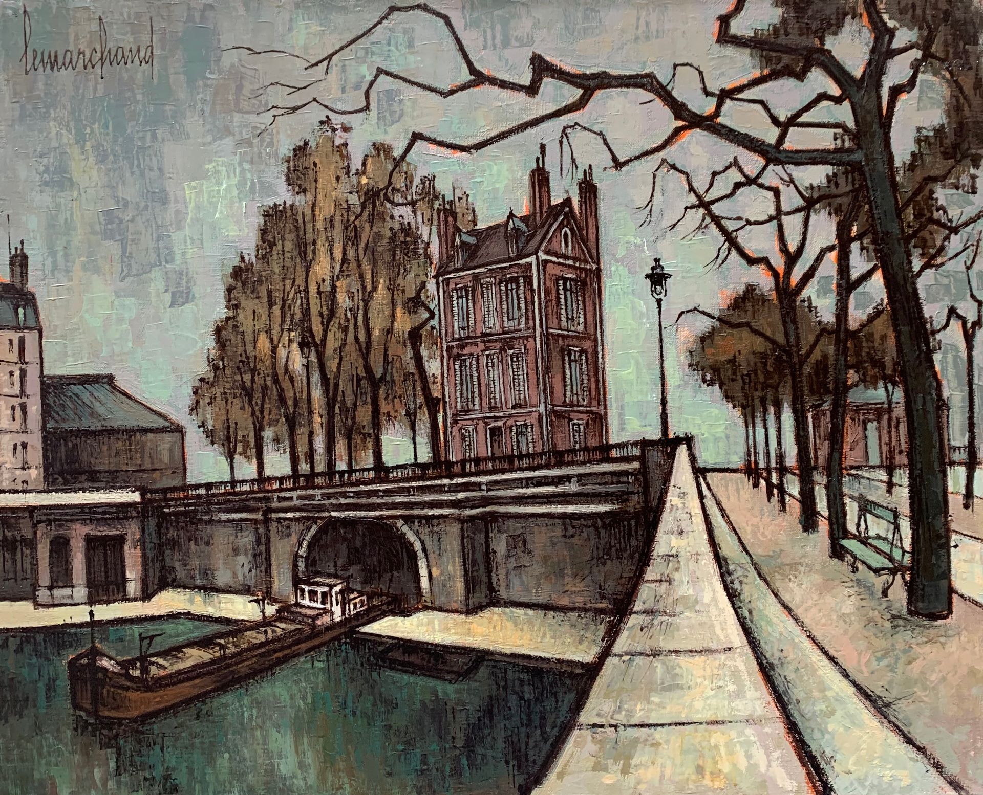 Null 皮埃尔-莱马赫德 (1906-1970)

圣马丁运河往拉斐尔方向

布面油画，左上角有签名，背面画框上有标题

50,5 x 61 厘米。