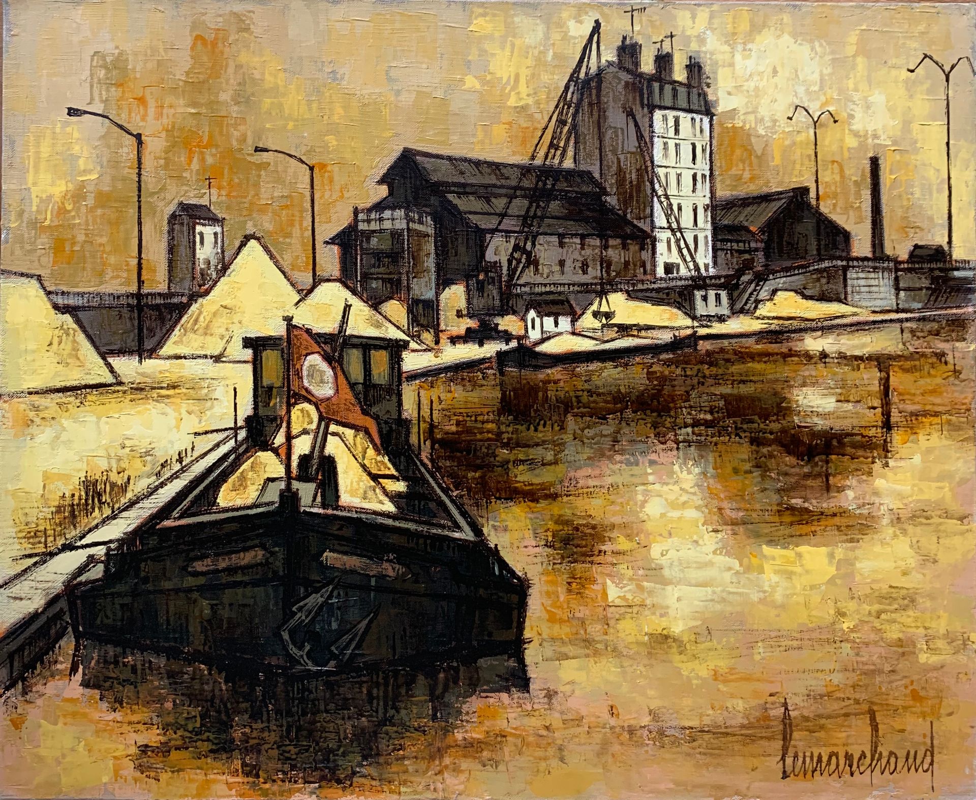 Null 皮埃尔-莱马赫德 (1906-1970)

圣丹尼斯运河上的港口

布面油画，右下角有签名，框架背面有标题

50 x 61厘米。