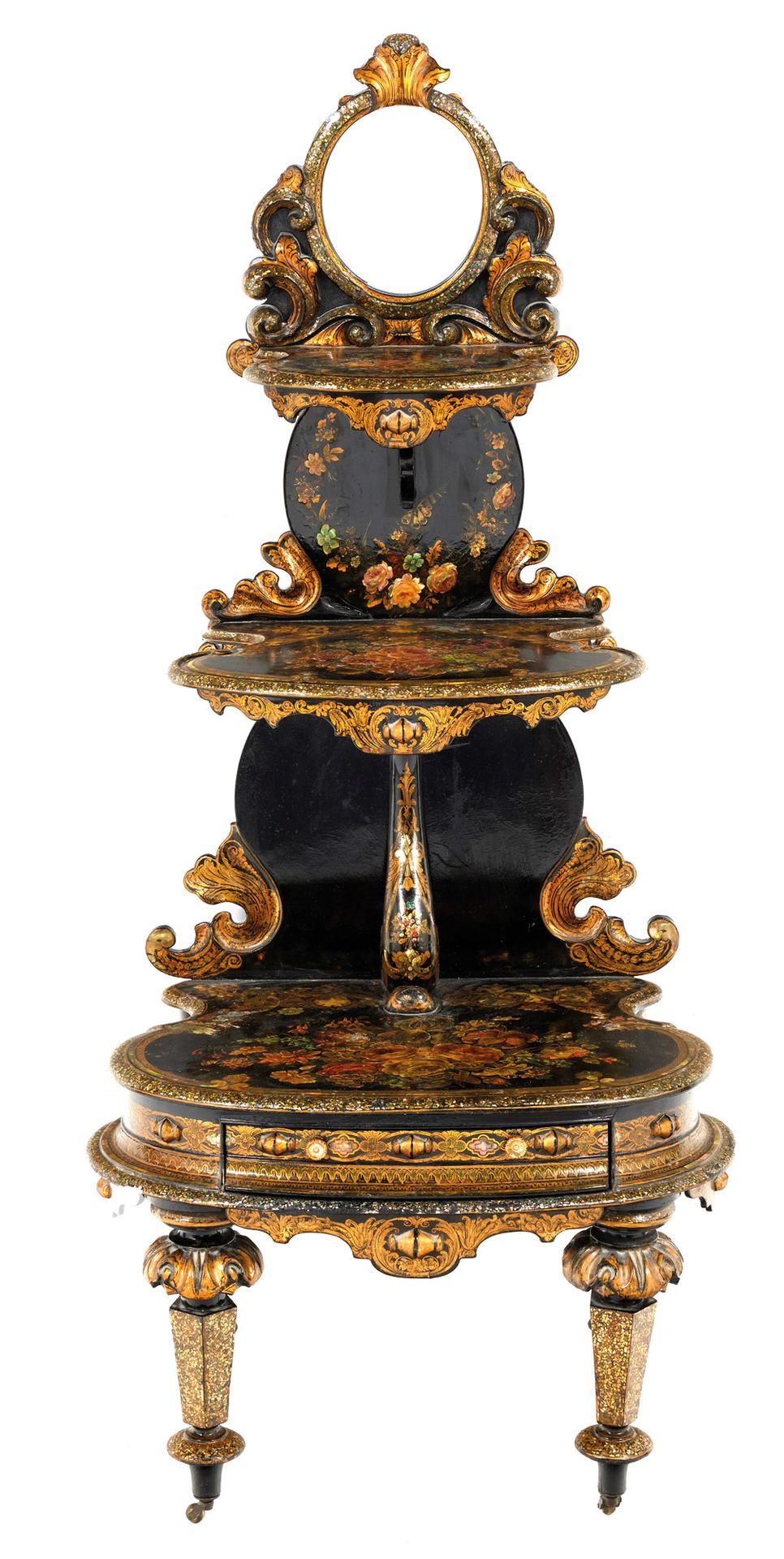 Meuble-présentoir 展示柜

有三个圆形和扇形的托盘，用熏黑和涂漆的木头装饰着花朵，顶部有一面小的椭圆形镜子，上面有一个镀金的外壳。 在下部，皮&hellip;