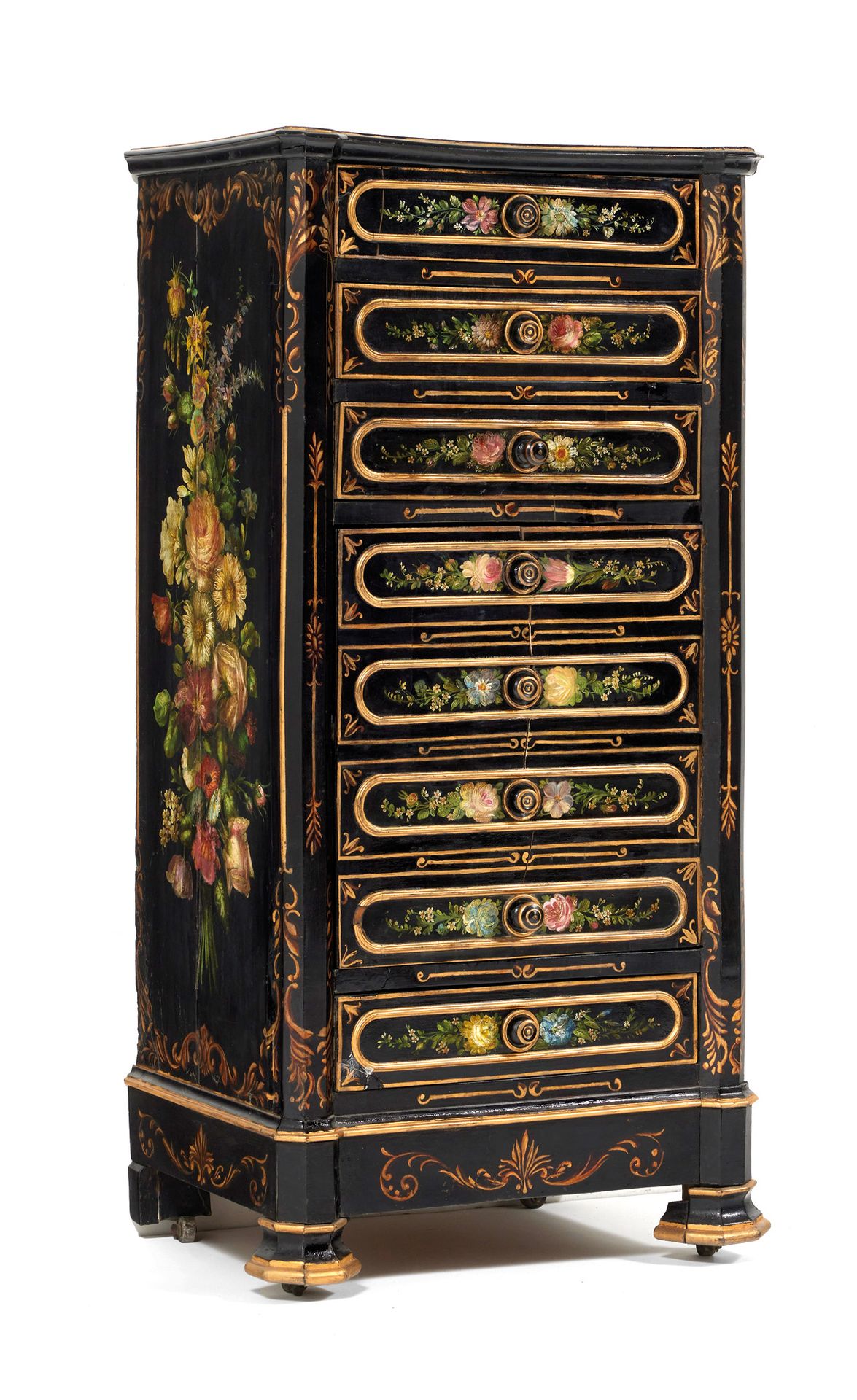 Meuble d'appui 配套家具

一件黑漆木制雪柜，上面有镀金花边的多色彩绘。它打开后有四个抽屉和一个门。

拿破仑三世时期

高：110 W：52 D&hellip;