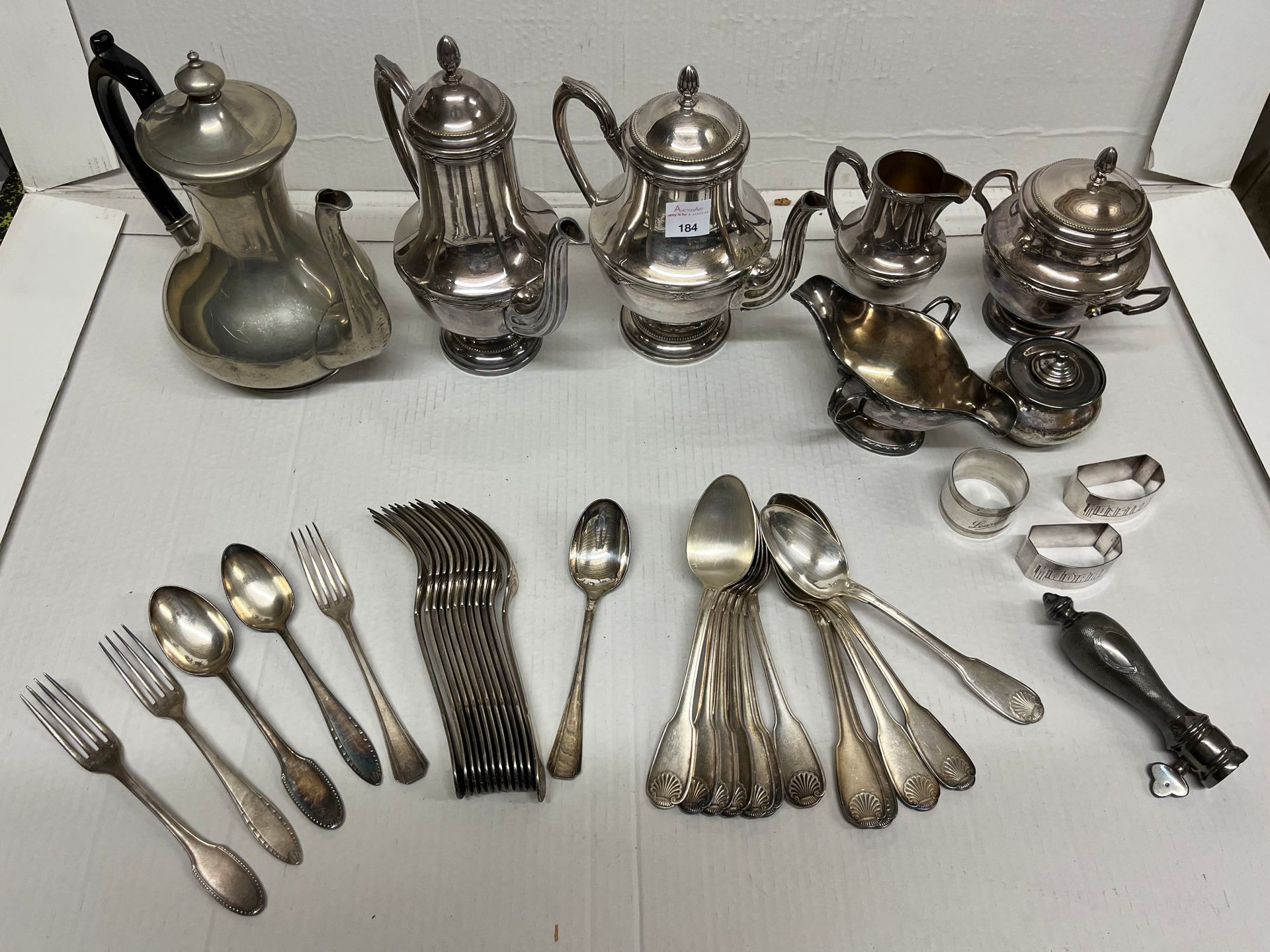 Null A metal set including tea and coffee sets, various silverware and silverwar&hellip;