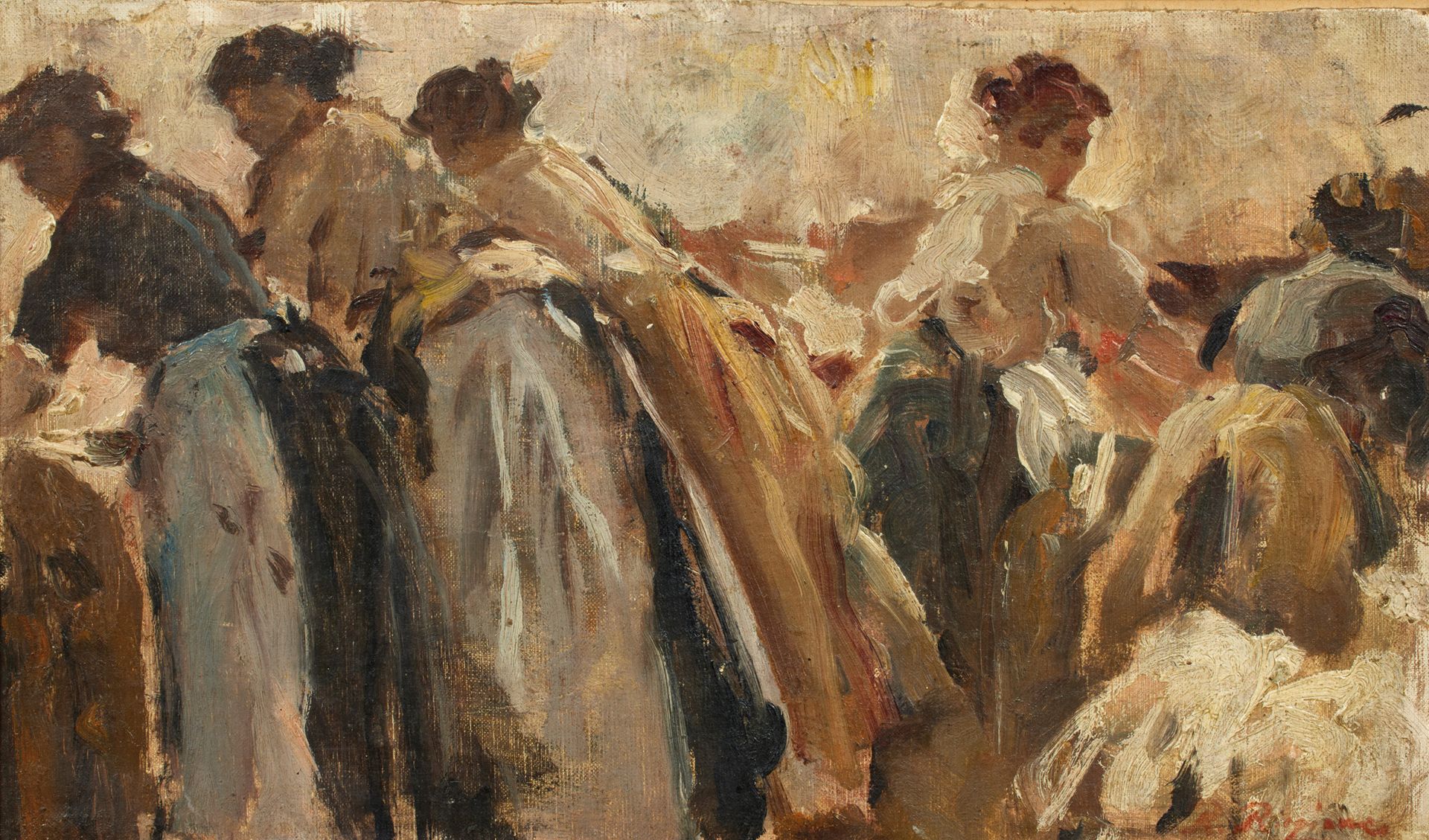 Raffaele Ragione (1851-1919) 拉斐尔-拉吉奥内(1851-1919)

女洗衣工

裱在纸板上的布面油画，右下方有签名

22 x &hellip;