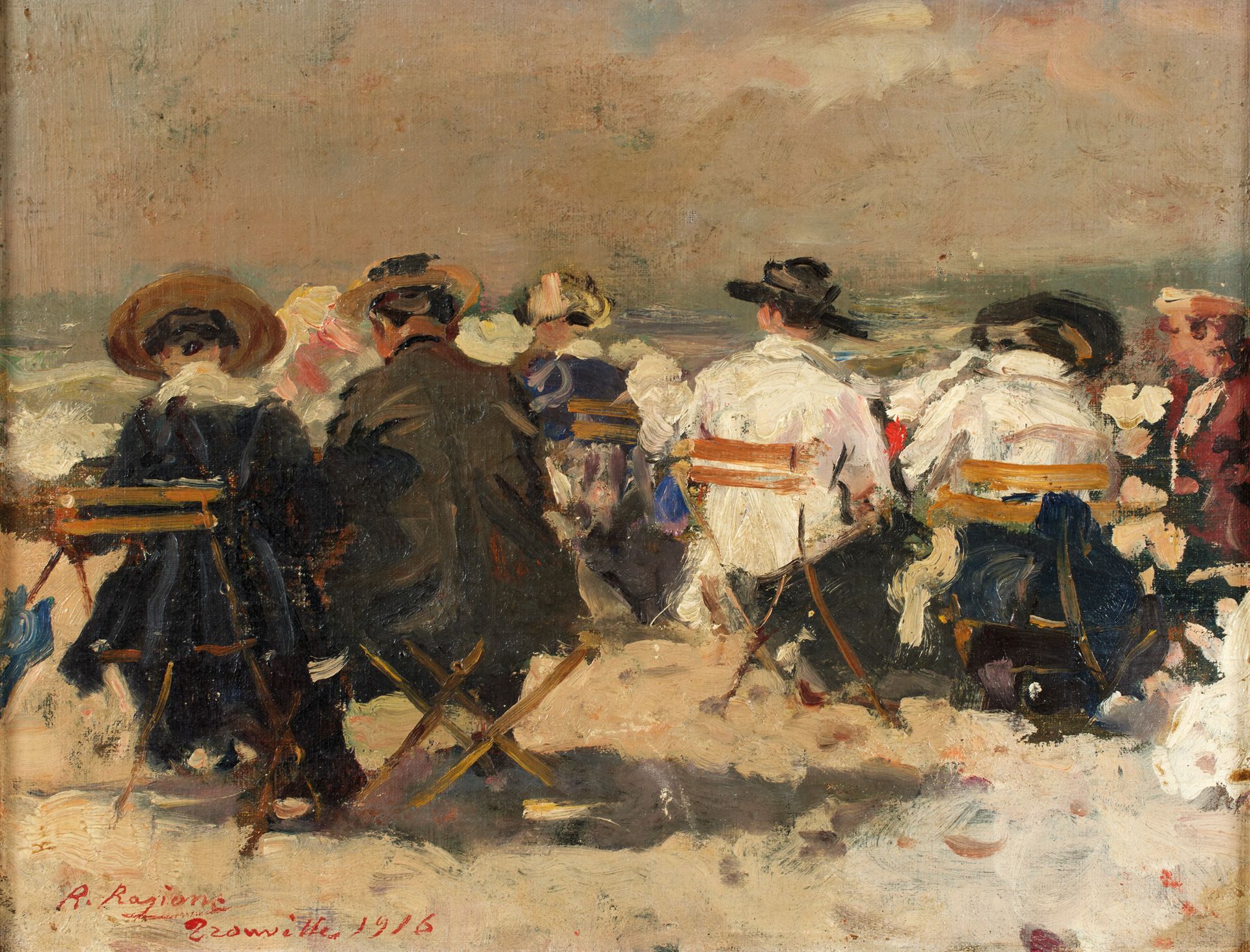 Raffaele Ragione (1851-1919) 拉斐尔-拉吉奥内(1851-1919)

在特鲁维尔的海滩上，1916年

裱在纸板上的布面油画，左下&hellip;