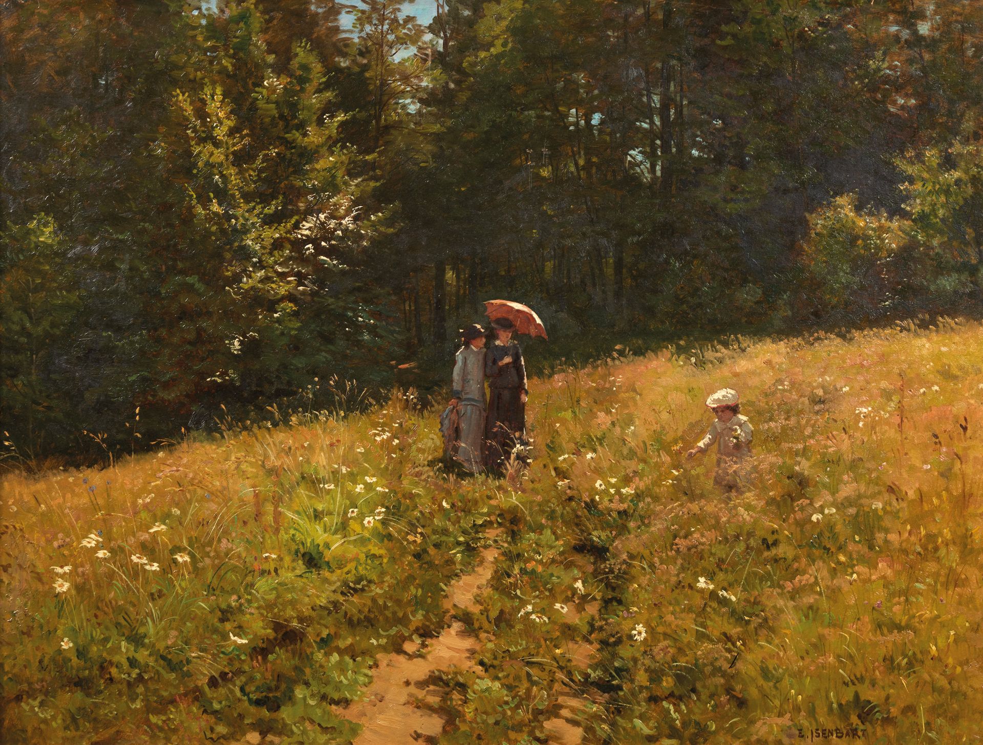 Émile ISENBART (1846-1921) 埃米尔-伊森巴特(1846-1921)

草地上的两个女人和一个孩子

粘贴在纸板上的油彩，右下方有签名
&hellip;