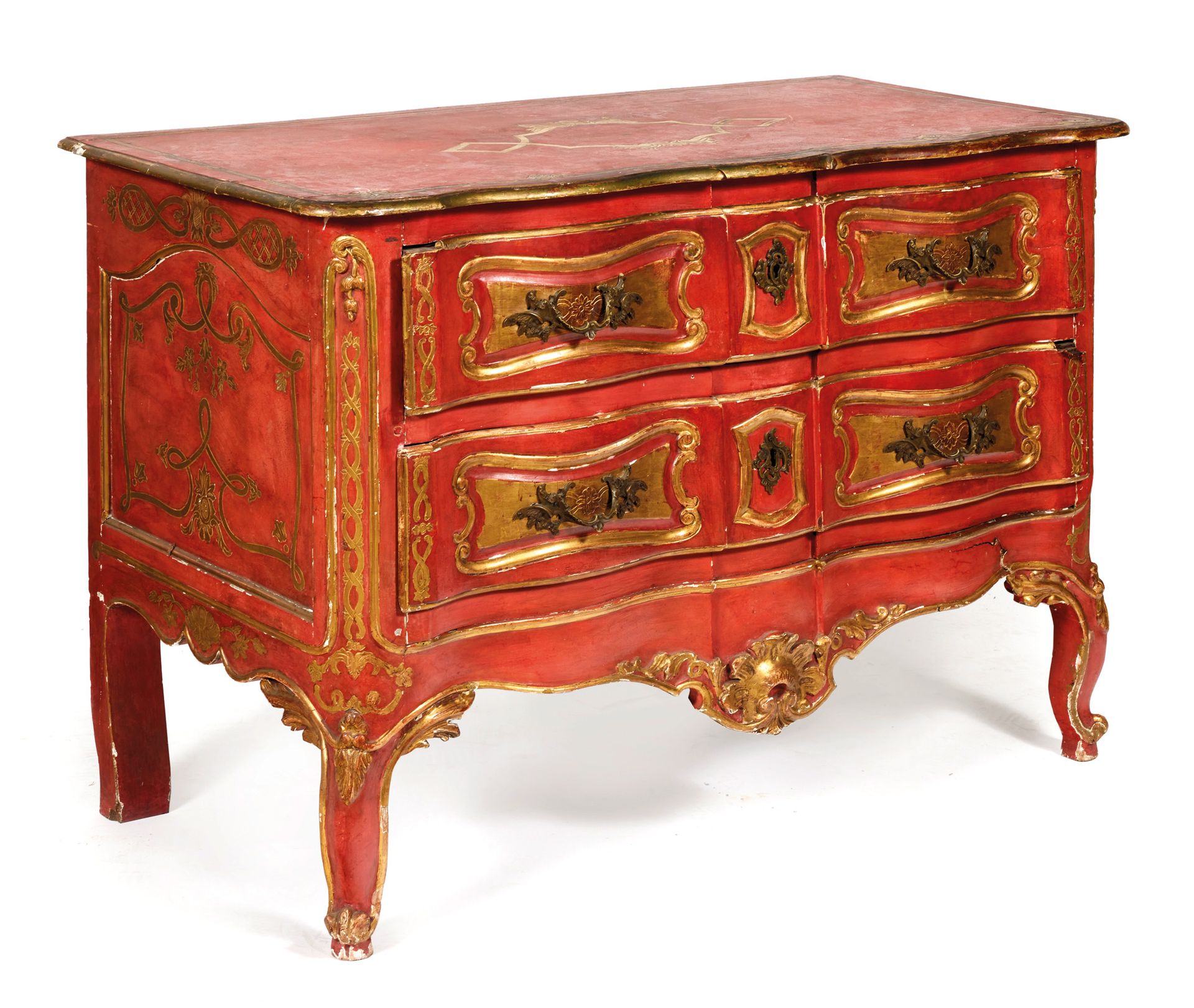 COMMODE 抽屉柜

红色和金色漆木的弩形抽屉柜，开有两个抽屉，弯曲的腿上有树叶卷轴

18世纪的意大利作品

89 x 128 x 63 cm