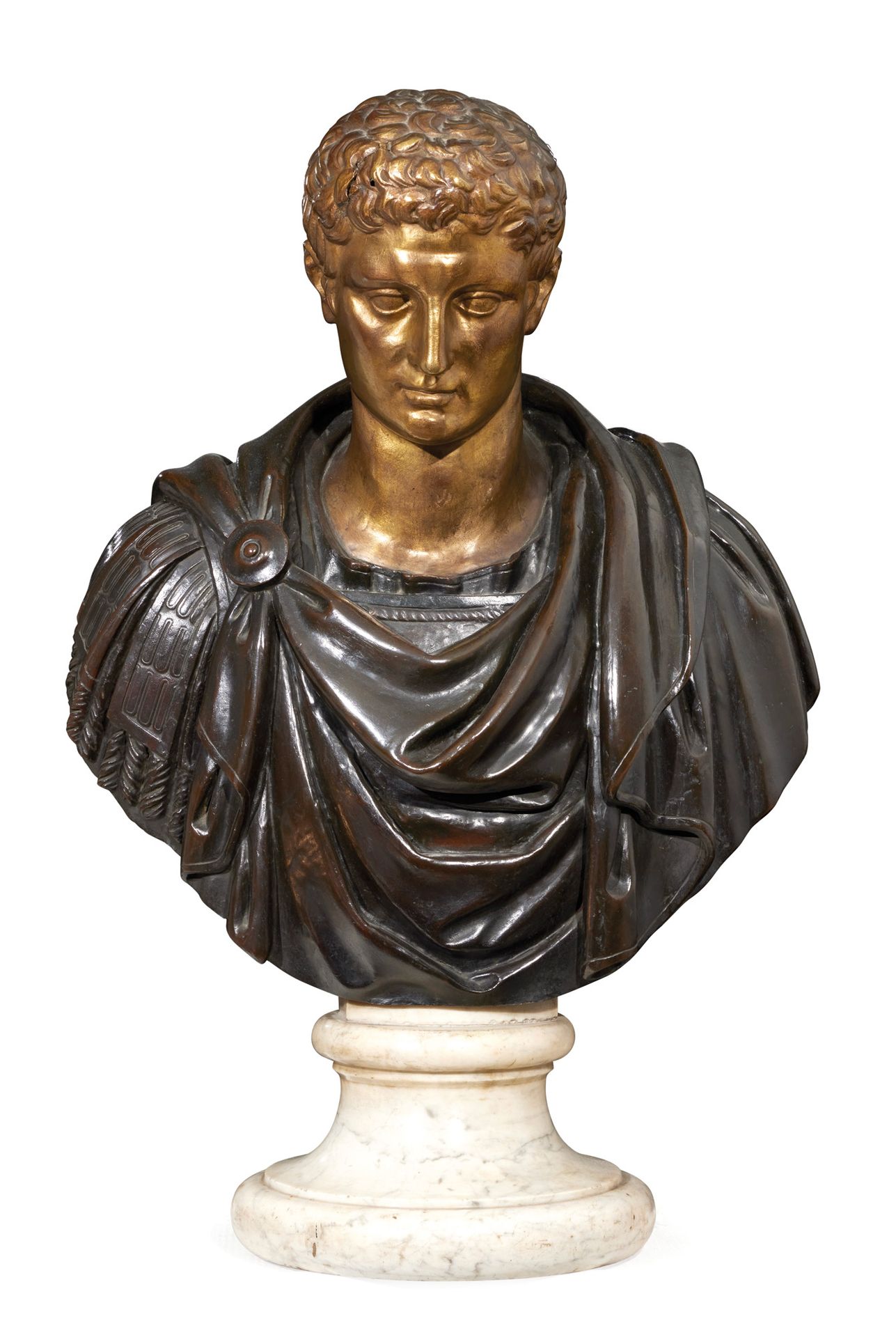 Important buste Important buste
en bronze patiné orné d’une cuirasse et d’une ch&hellip;