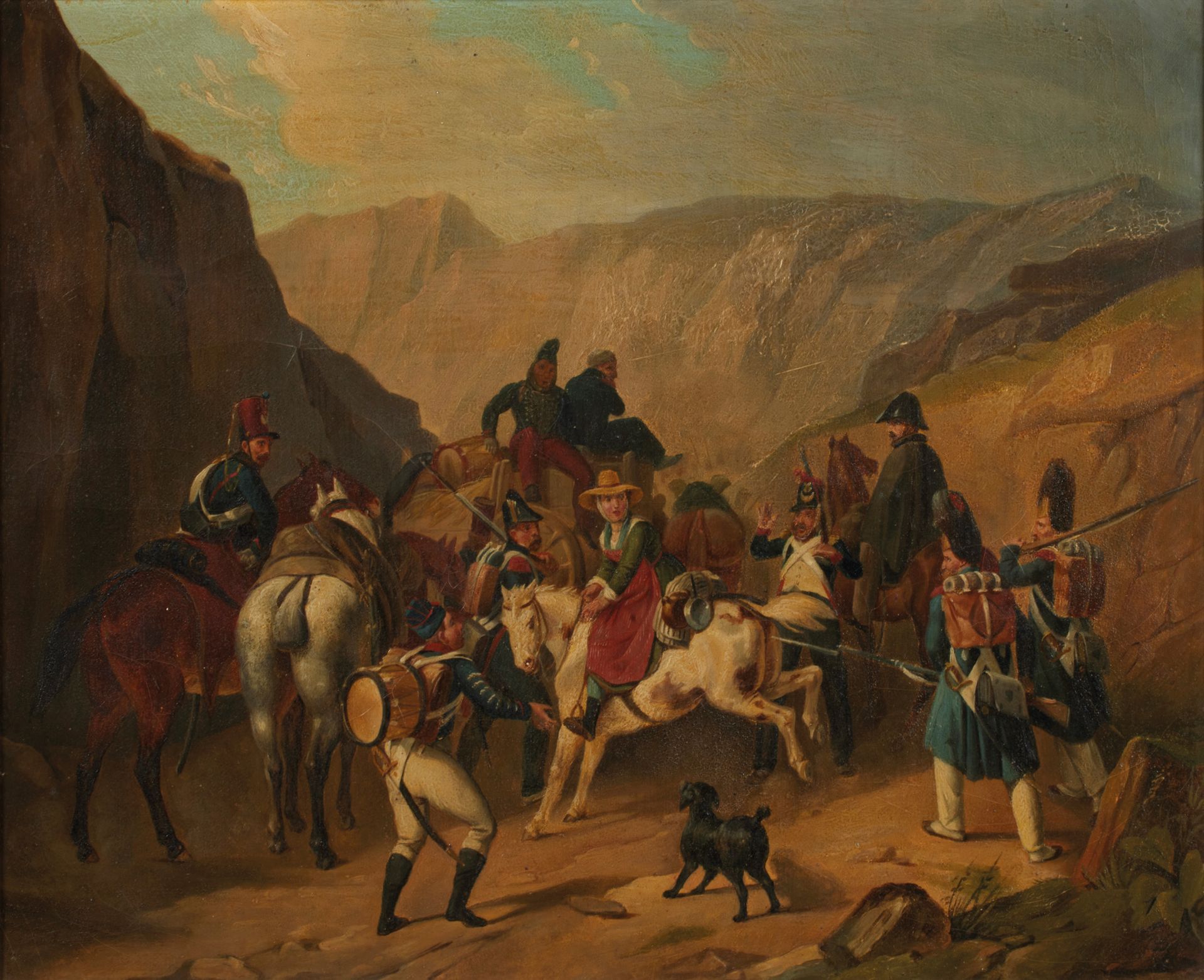 Ecole française du XIXème siècle 19世纪的法国学校
一群士兵和一个骑着不听话的马的女仆
布面油画
38 x 46厘米
