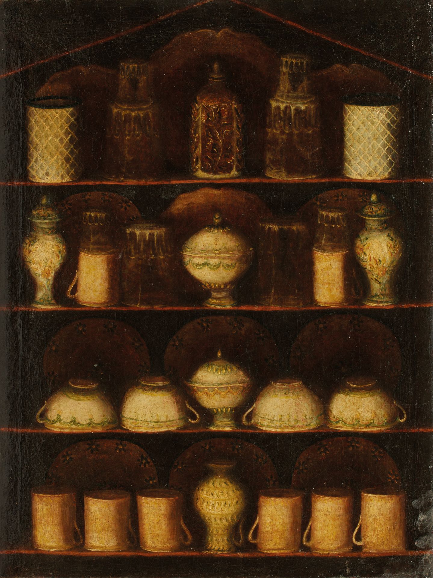 Ecole Alsacienne du XIXème siècle 19世纪的阿尔萨斯学校
架子上的杯子和花瓶
布面油画，有内衬
55,5 x 41,5厘米