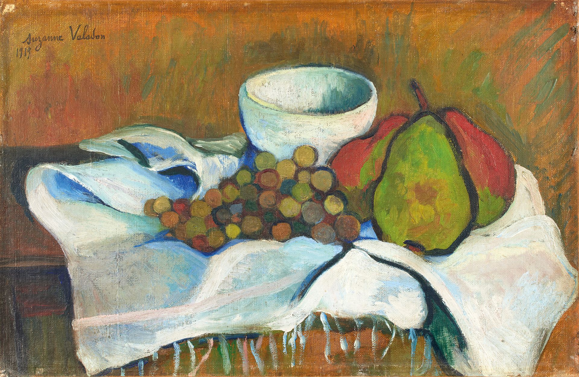 Suzanne VALADON (1865-1938) 第85号拍品
苏珊娜-巴拉东(1865-1938)
梨子、葡萄和白色亚麻布的静物画，1919年。
布面油&hellip;