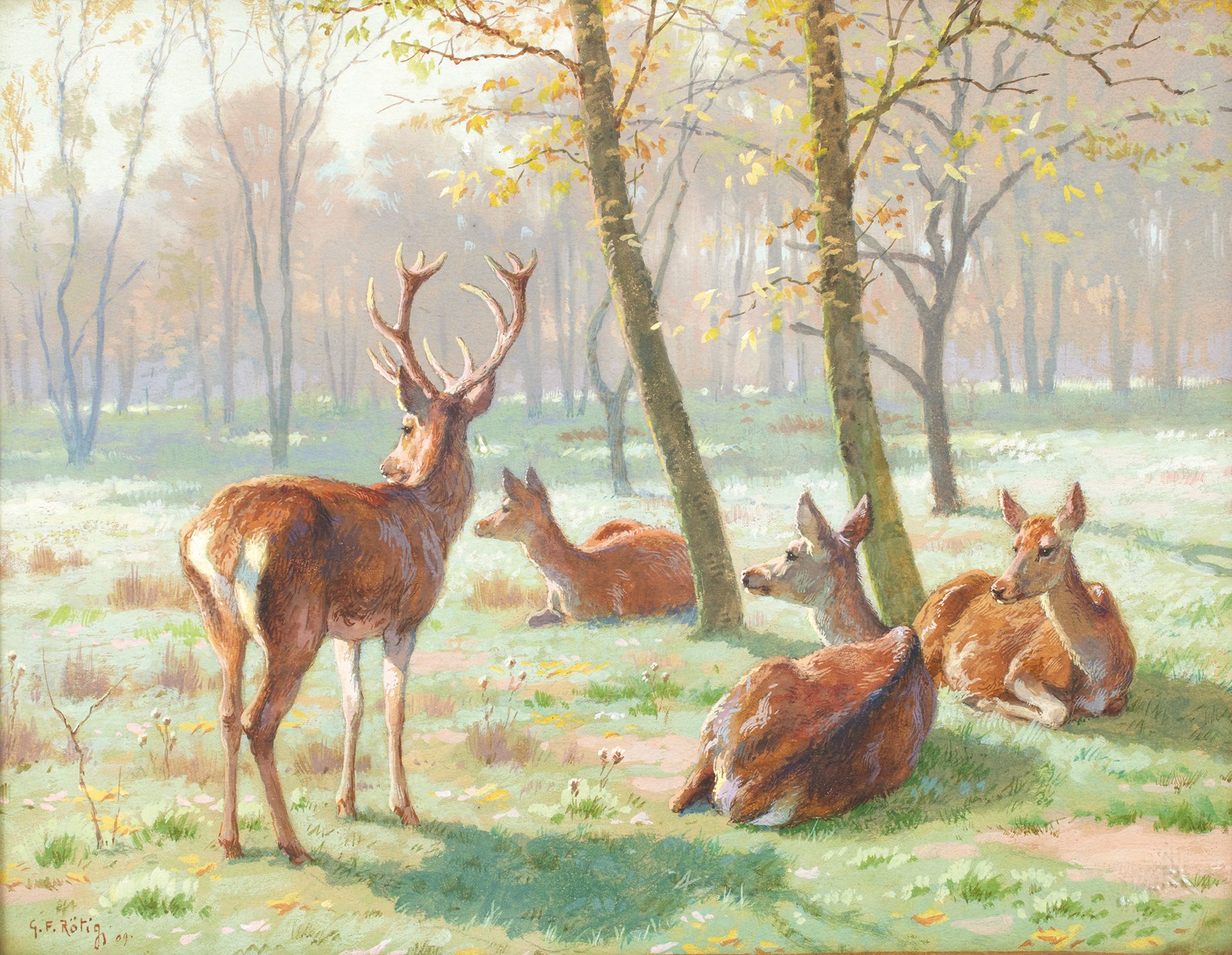 Georges Frédéric RÖTIG (1873-1961) 乔治-弗雷德里克-罗蒂格(1873-1961)
鹿和百灵鸟，1909年
水粉画，左下方有签&hellip;
