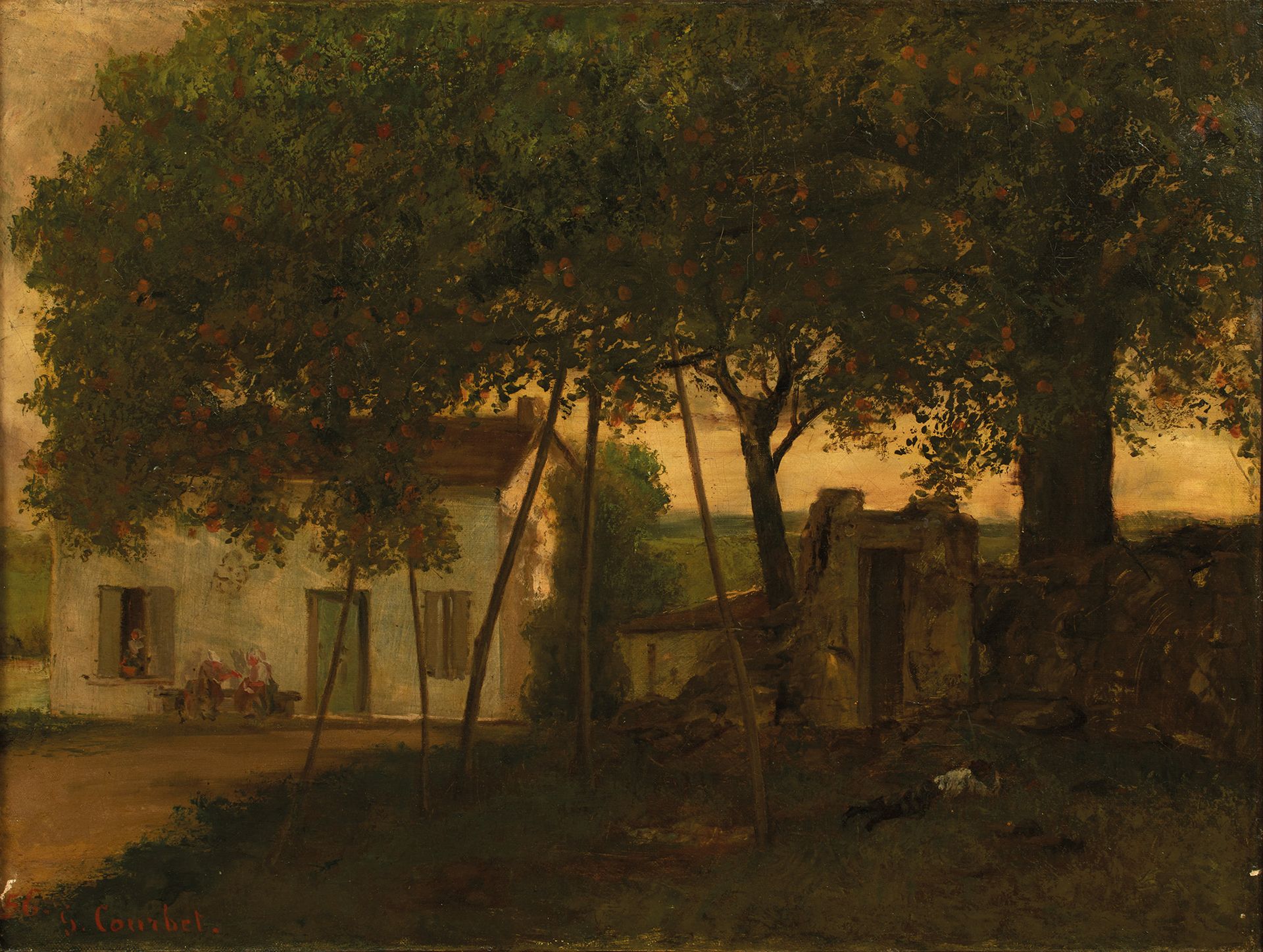 Ecole française du XIXème siècle. 19世纪的法国学校。 
热闹的房子和一个在树下打瞌睡的人
布面油画，有一个神秘的签名。
50&hellip;
