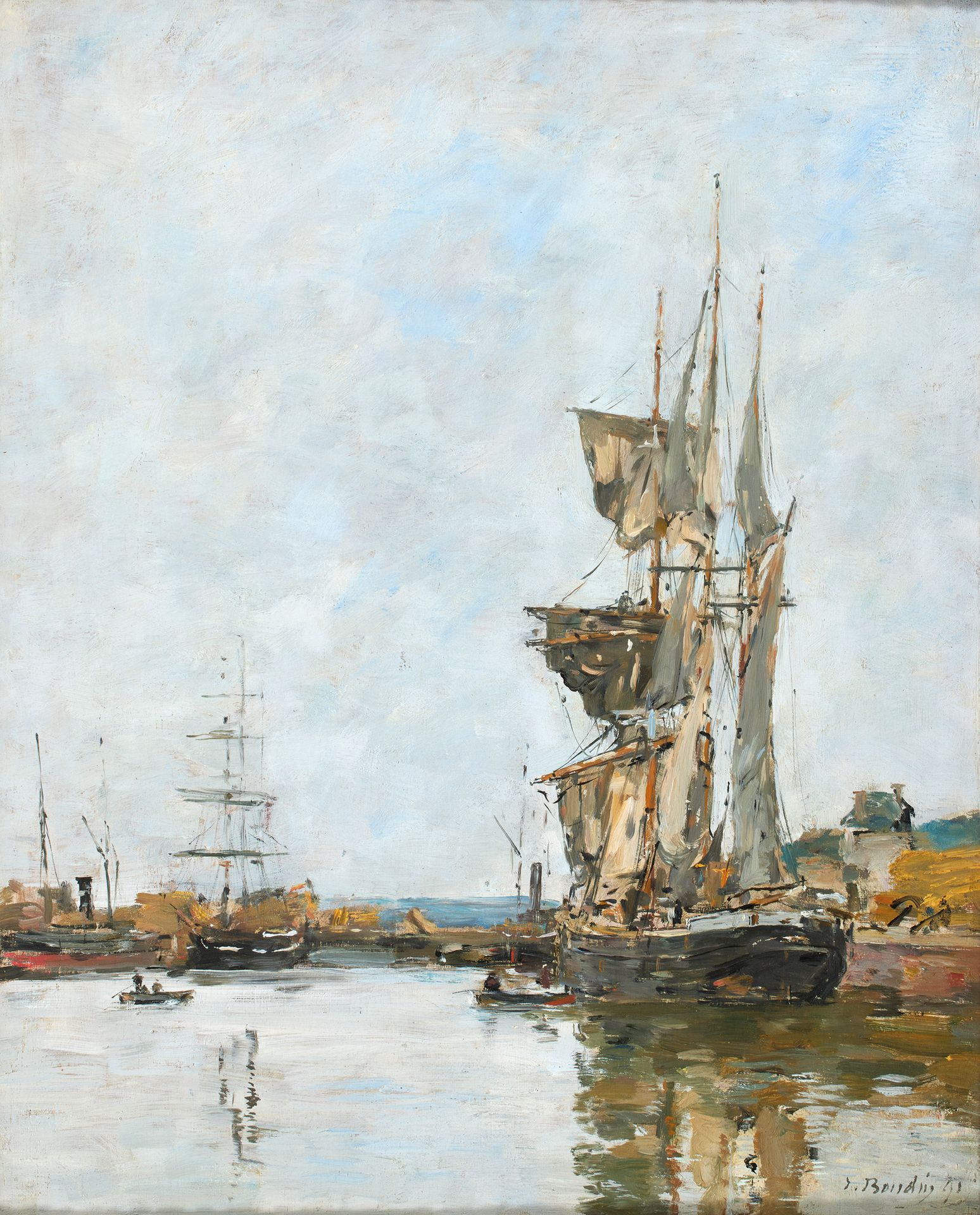 Eugène BOUDIN (1824-1898) 欧仁-布丁 (1824-1898)
多维尔港的三根桅杆，1891年
板面油画，右下方有签名和日期；
46,5&hellip;