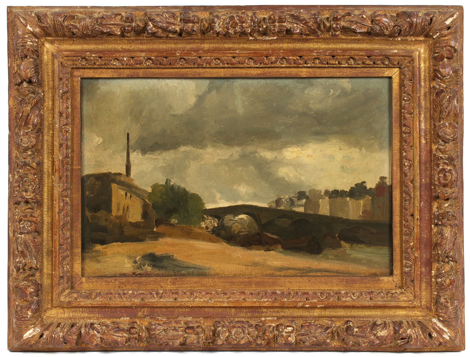 Ecole française du XIXème siècle 19世纪的法国学校
从码头看桥
裱在画布上的纸板上的油画
20,5 x 31,5 cm