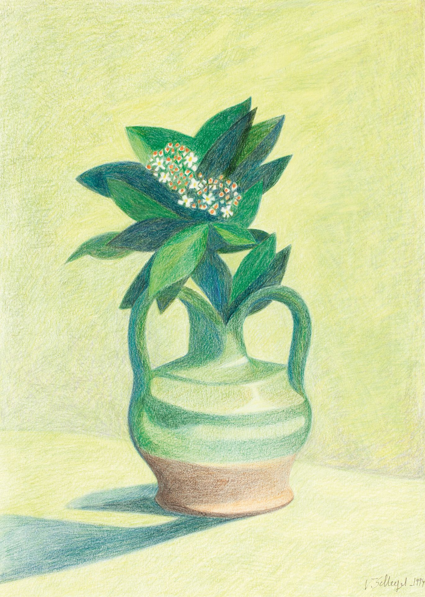 Valentine SCHLEGEL (1925-2021) 瓦伦丁-施莱格尔(1925-2021)
有两个把手和一束花的水壶，1994年。
球形花瓶，有银莲花&hellip;