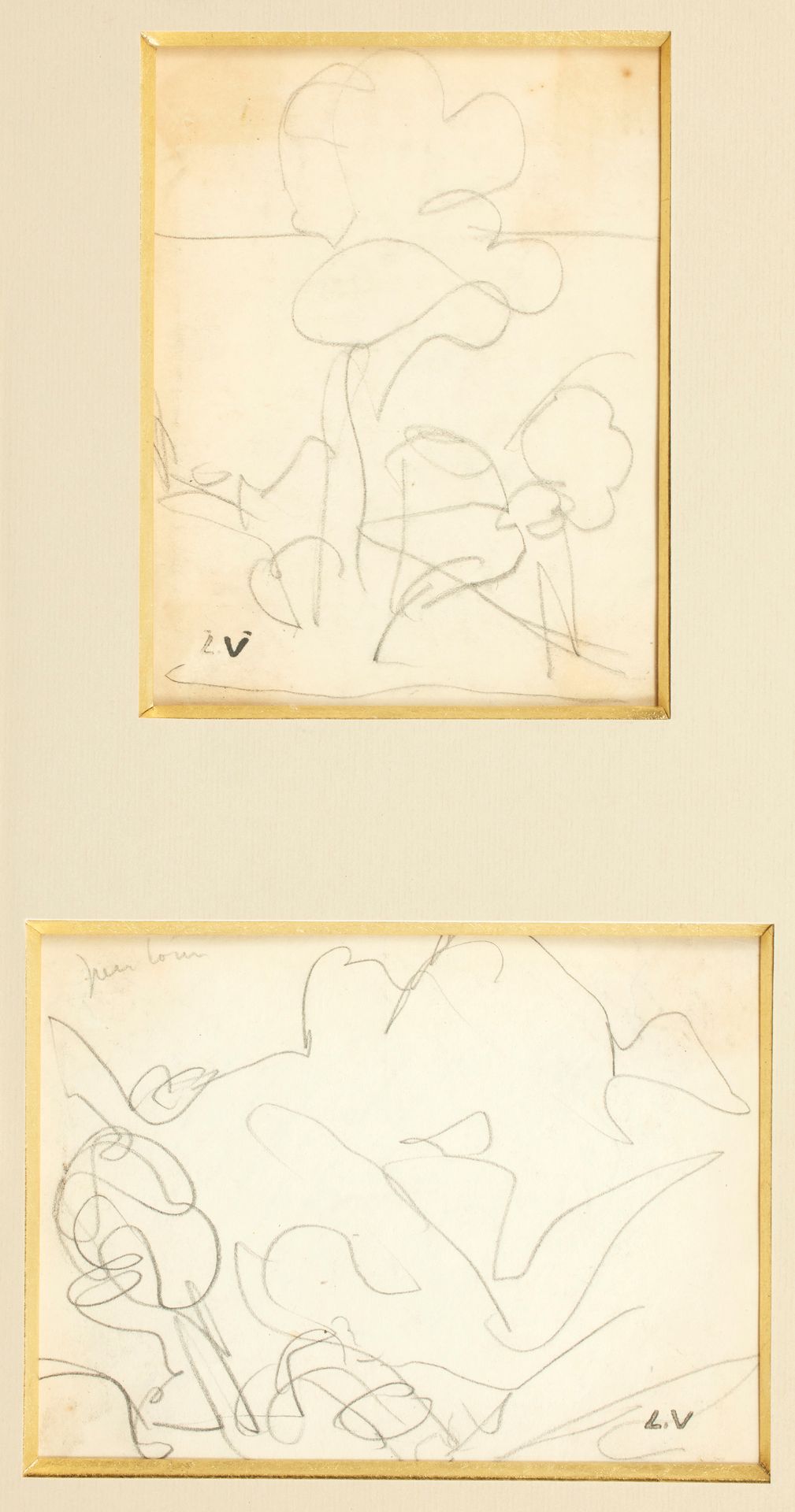 Louis VALTAT (1869-1952) 路易斯-瓦尔塔 (1869-1952)
树木的研究。
两幅铅笔画，盖有邮票，在同一框架内。
15 x 11.5&hellip;