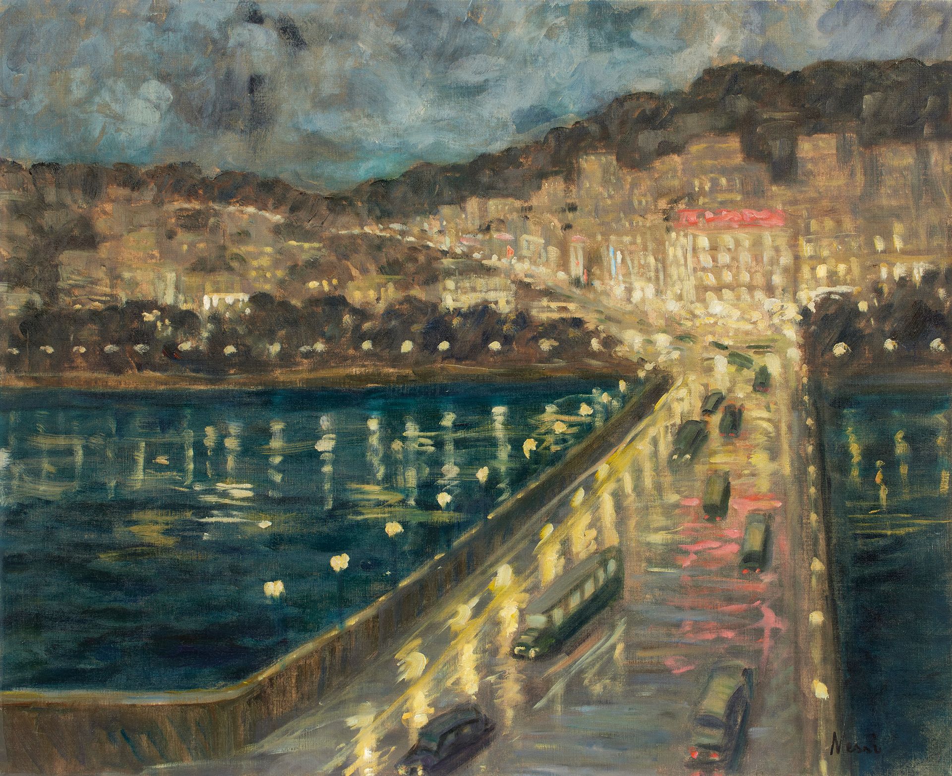 Marie Lucie NESSI-VALTAT (1910-1993) 玛丽-露西-瓦尔塔 (1910-1993)
夜晚的圣克卢大桥。
布面油画，右下方有签名&hellip;