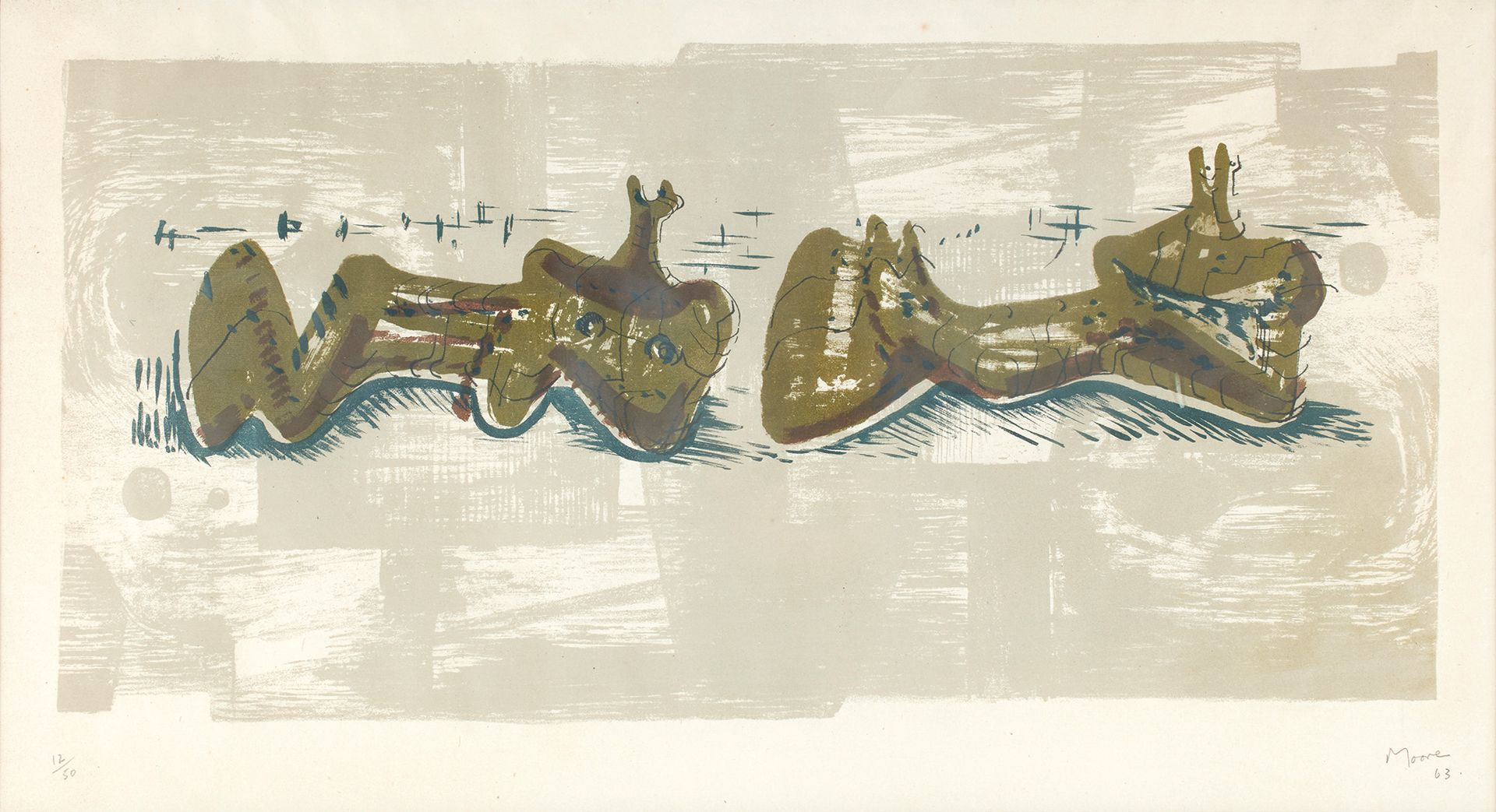 Henry MOORE 亨利-莫尔
河流背景下的两个躺着的人物，1963年，石版画，31 x 62厘米，边距约38 x 70厘米（Cramer 52），东方纸上&hellip;