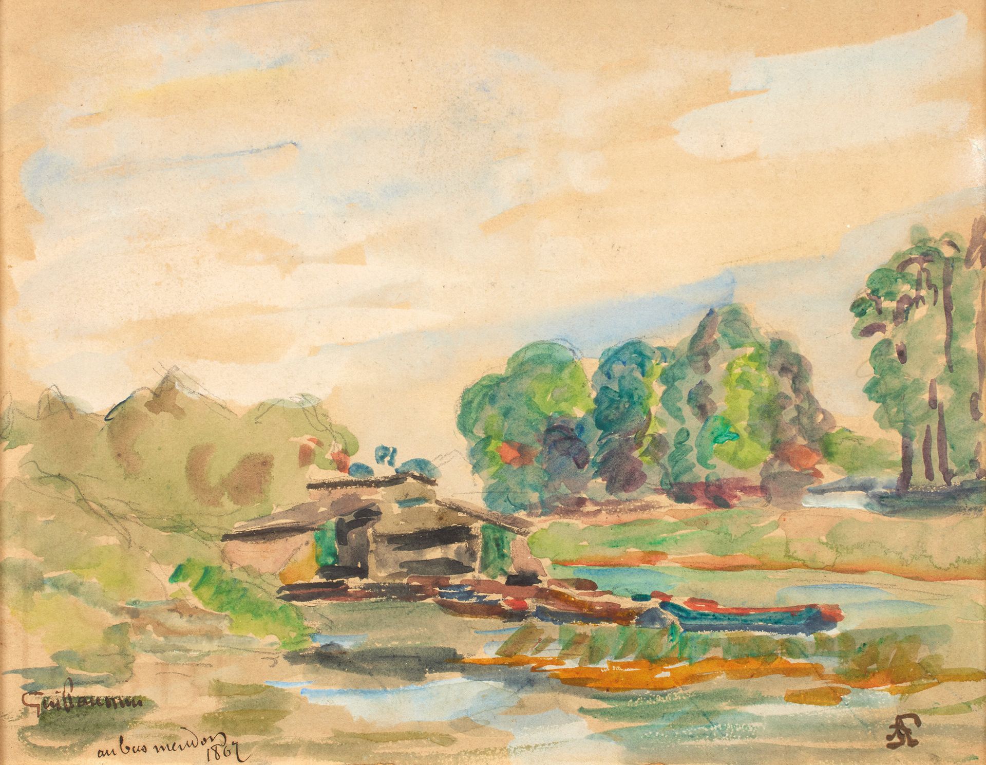 Armand GUILLAUMIN (1841-1927) 阿尔芒-吉约明 (1841-1927)
莫东河下游，1867年。
水彩画，左下角有签名、位置和日期，&hellip;