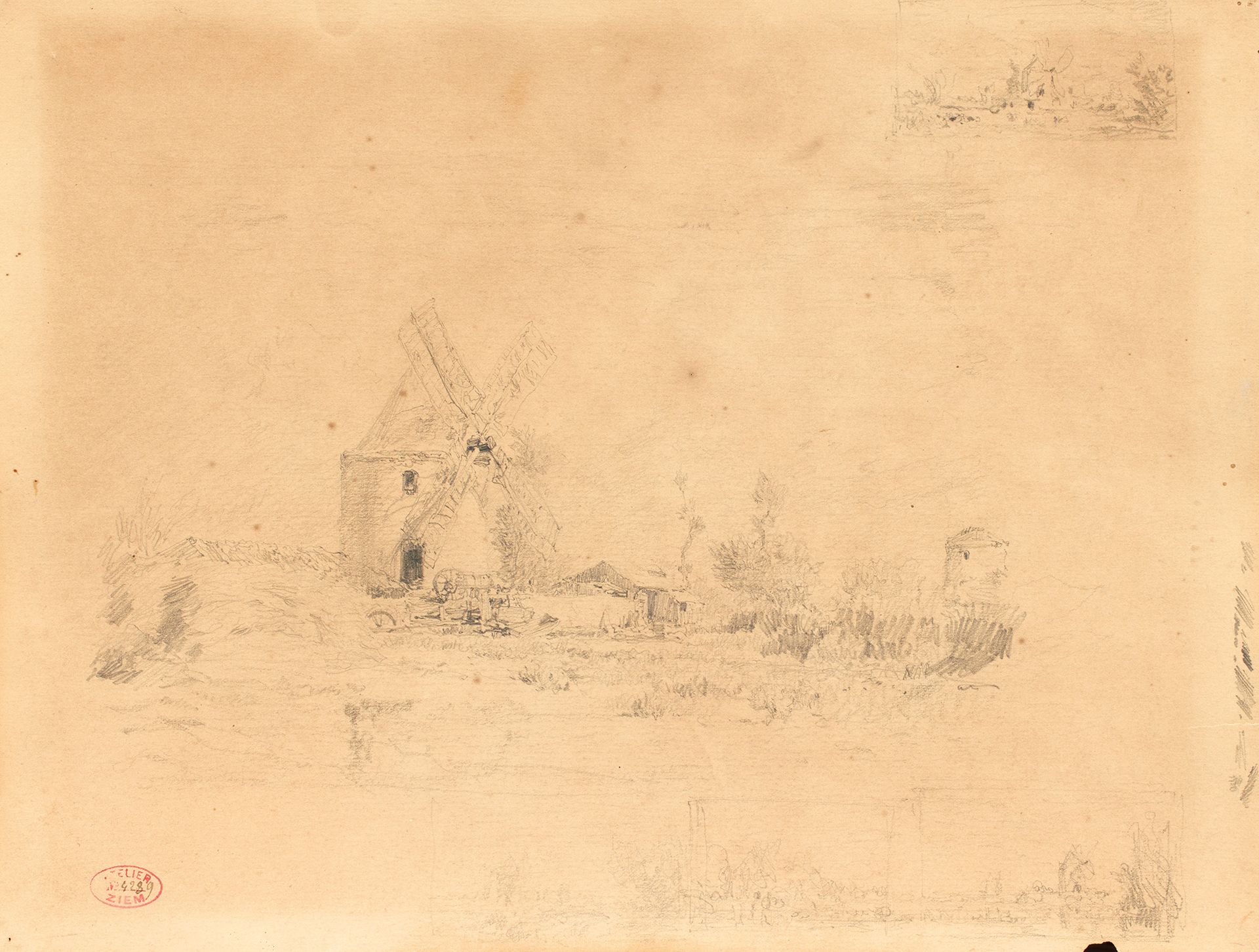 Félix ZIEM (1821-1911) 费利克斯-齐姆(1821-1911)
磨坊和研究
铅笔画，左下方有Ziem工作室n) 4289的印章。
25,5 &hellip;