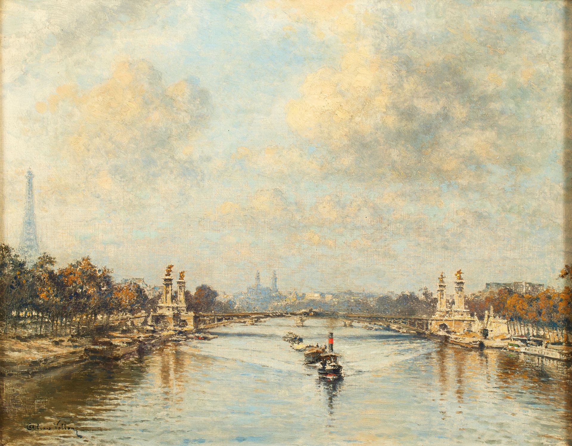 Alexis VOLLON (1865-1945) 亚历克西斯-沃尔隆 (1865-1945)
塞纳河上的蒸汽船在亚历山大三世桥上。
布面油画，左下方有签名。
&hellip;
