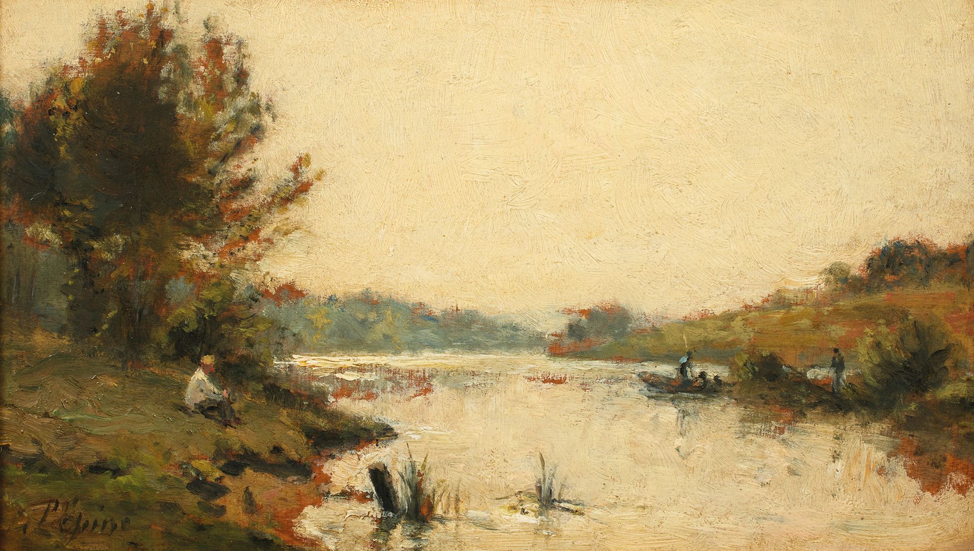 Stanislas LEPINE (1835-1892) 斯坦尼斯拉-勒平 (1835-1892)
坐在河边的渔夫和步行者。
板面油画，左下角有签名；
13.5&hellip;