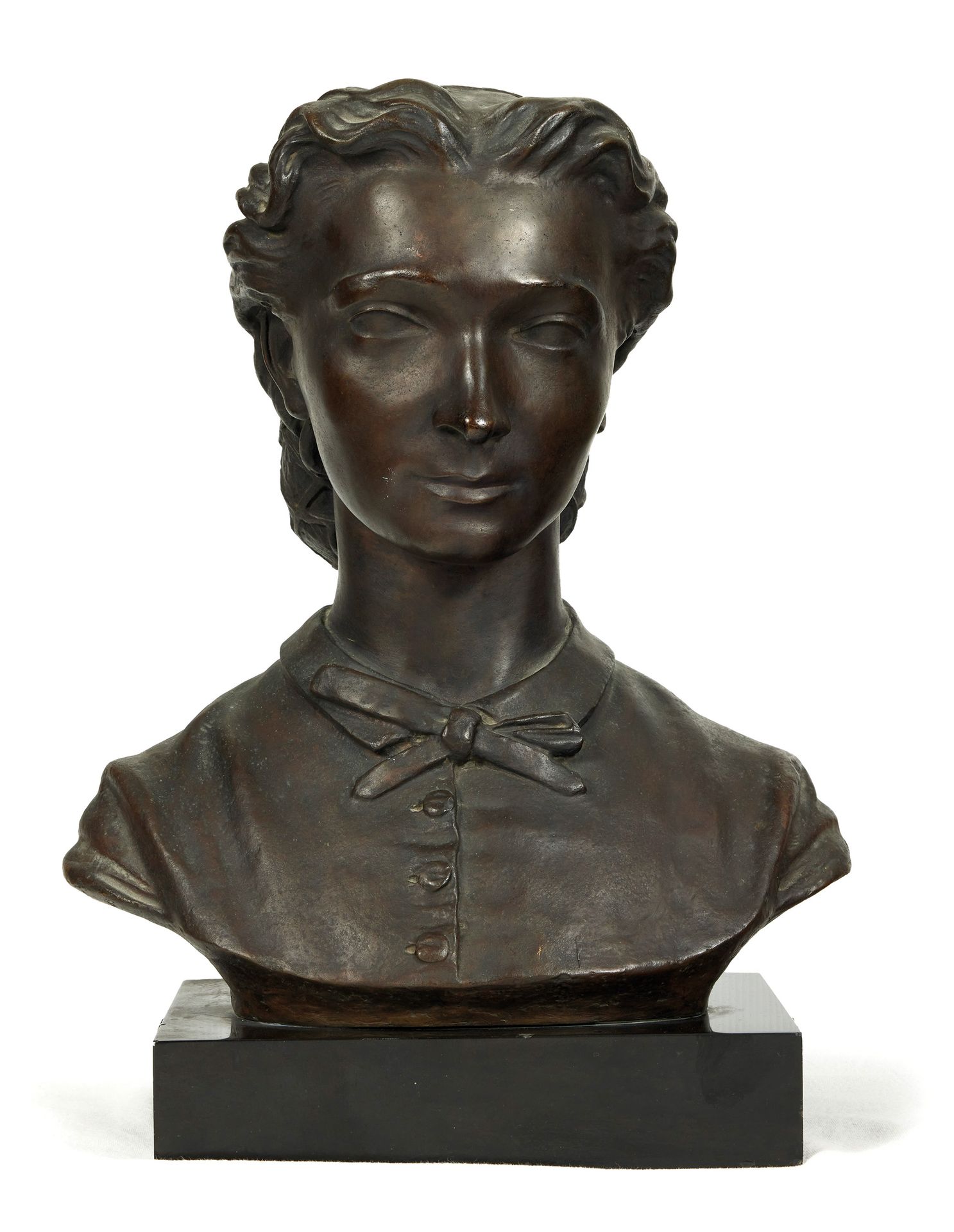 Gustave COURBET (1819-1877) 古斯塔夫-库尔贝 (1819-1877)
马克斯-布琼夫人的半身像。 
带有深棕色铜锈的青铜，编号1/6&hellip;