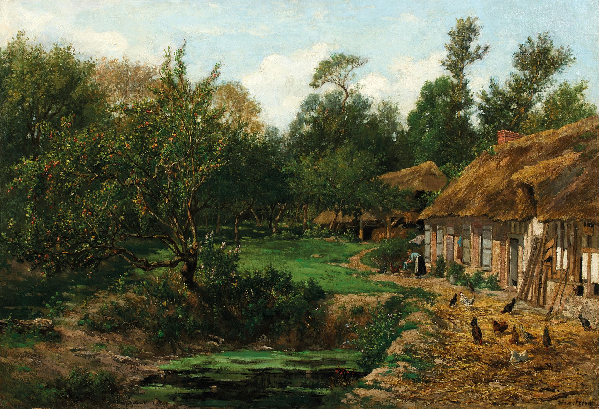Émile Louis VERNIER (1829-1887) 埃米尔-路易斯-维尔尼耶(1829-1887)
诺曼底的农场；
布面油画，右下角有签名；
65 &hellip;