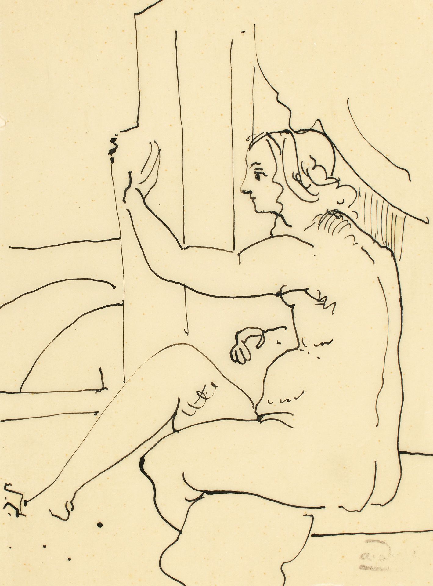 André DERAIN (1880-1954) 安德烈-德兰(André DERAIN) (1880-1954)
拿着竖琴的年轻女孩。
描图纸上的墨水，签名印&hellip;