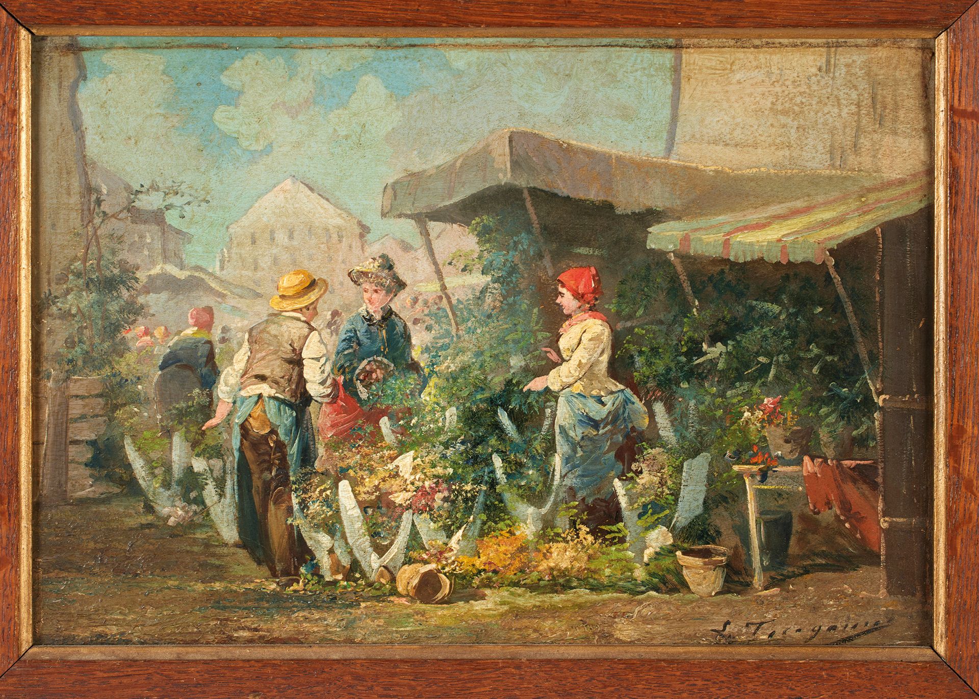 Ecole Italienne de la fin du XIXe siècle 19世纪末的意大利学校
有花的市场 
板面油画，右下方有签名（？
22,5 x&hellip;
