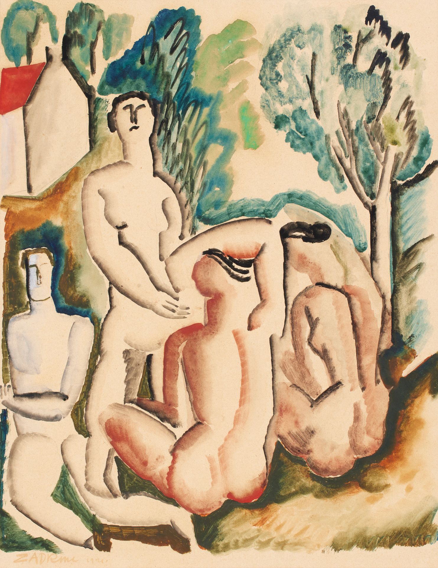 Ossip ZADKINE (1890-1967) 奥西普-扎德金(1890-1967)
风景中的四个裸体，1921年。
水粉和水彩画，左下方有签名和日期。
4&hellip;