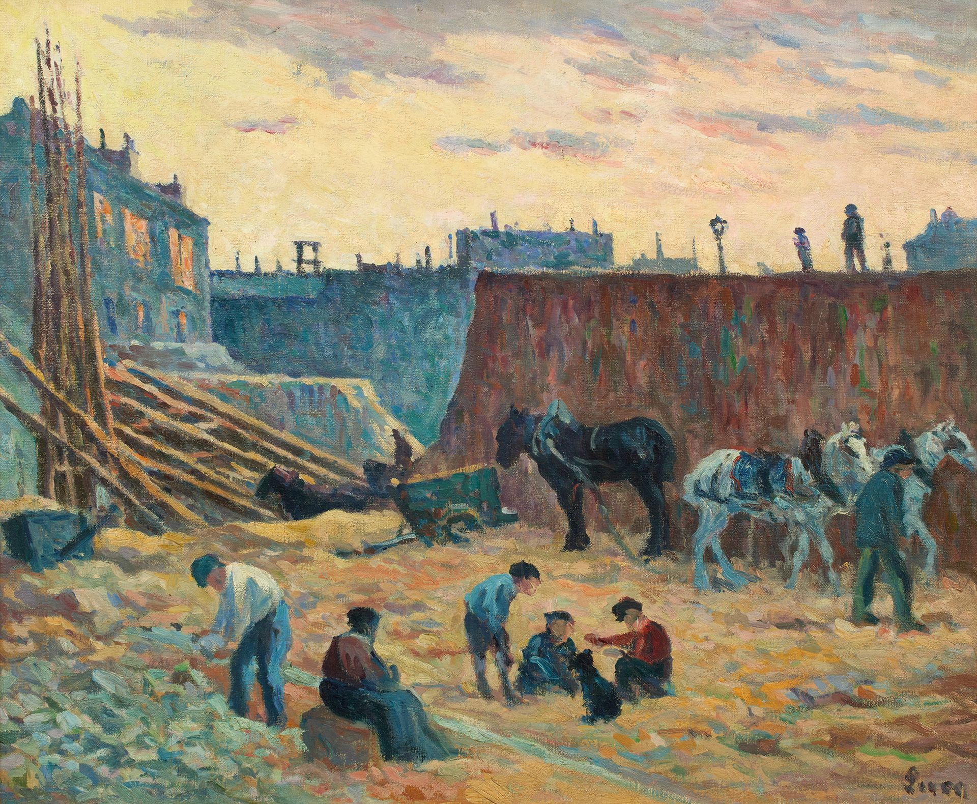 Maximilien LUCE (1858-1941) 马克西米利安-卢斯 (1858-1941)
建筑工地，马车和采石机。
布面油画，右下角有签名。
54 x&hellip;