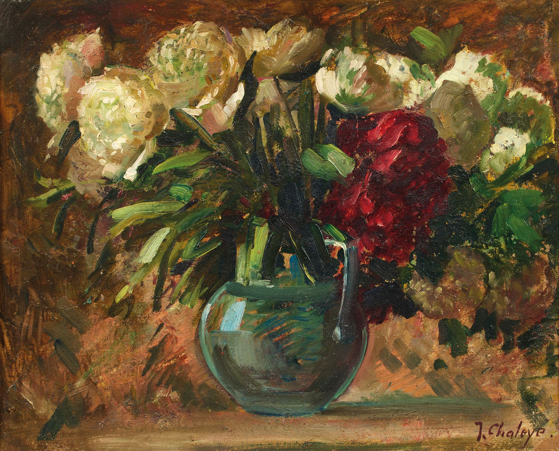 Jean CHALEYÉ (1878-1960) 让-夏莱耶 (1878-1960)
牡丹花瓶
右下角有签名的伊索尔上的油画
50 x 61厘米 
(小缺)