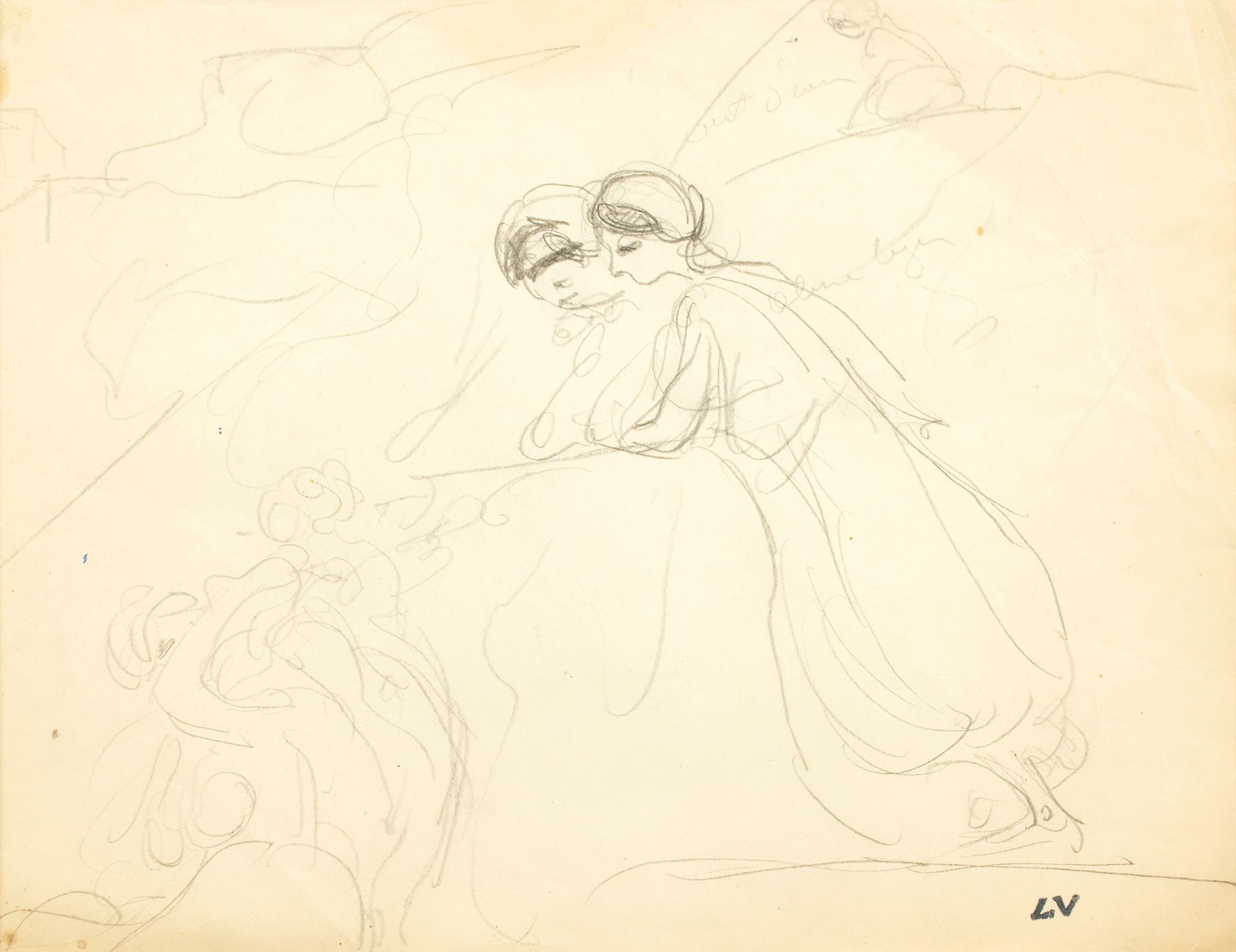 Louis VALTAT (1869-1952) 路易斯-瓦尔塔(1869-1952)
两个女人靠在一起，1906年。
铅笔画，右下角盖有单字，有注释。 
23&hellip;