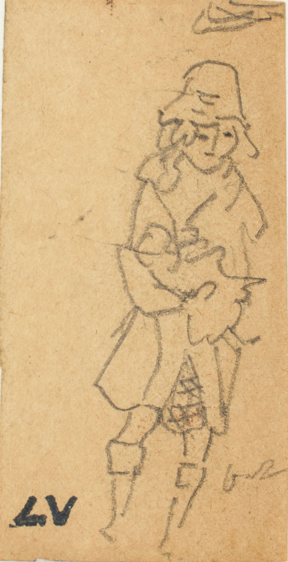 Louis VALTAT (1869-1952) 路易斯-瓦尔塔 (1869-1952)
带帽子的女孩和她的娃娃。
铅笔签名，左下角盖有单字印章。 
7,5 x&hellip;