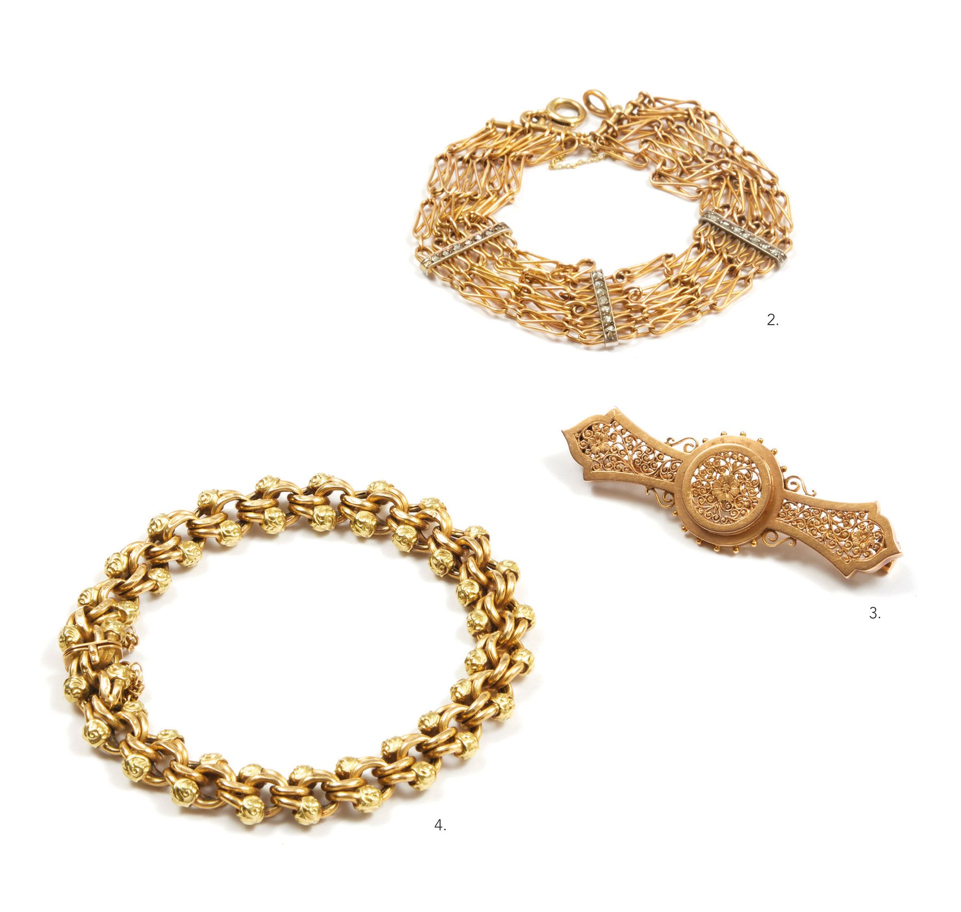 Bracelet 手镯 
18K(750)金手镯，有5条交错的链节和3条镶有玫瑰式切割钻石的条状物。 
长度：约17厘米。 
总重量 : 21,1 克