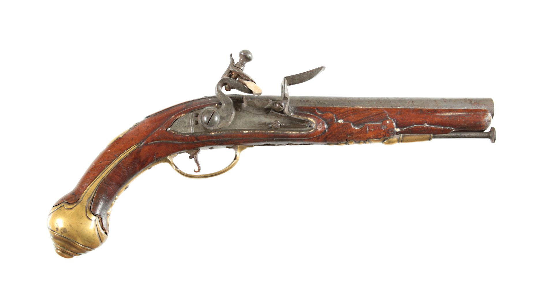 An British Flintlock Pistol, circa 1720 一支英国燧发枪，约1720年
单发燧发枪，光滑的胡桃木枪托和圆形枪管，口径16毫&hellip;