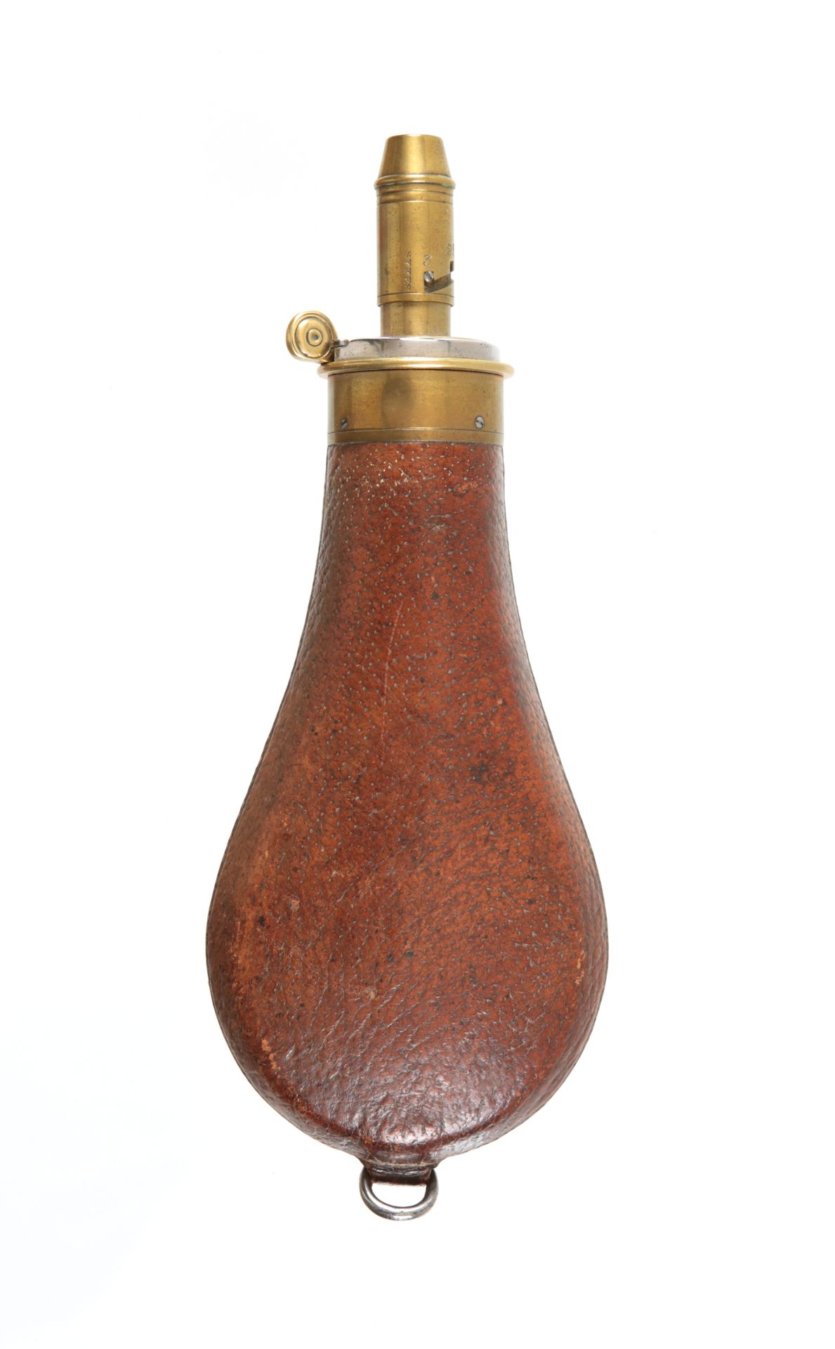 Leather Covered English Powder Flask, 19th century 皮革包覆的英国粉壶
19世纪 
蛋形，顶部装有微小的弹簧式&hellip;