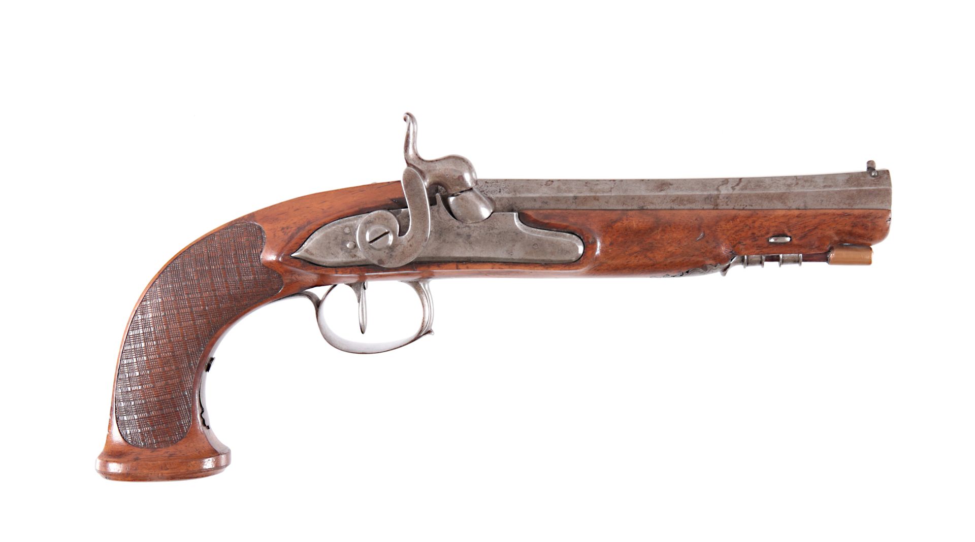A French Percussion Pistol, circa 1840 一支法国打击式手枪，约1840年
单发打击式手枪，胡桃木全枪托，棋盘式握把，八角形&hellip;
