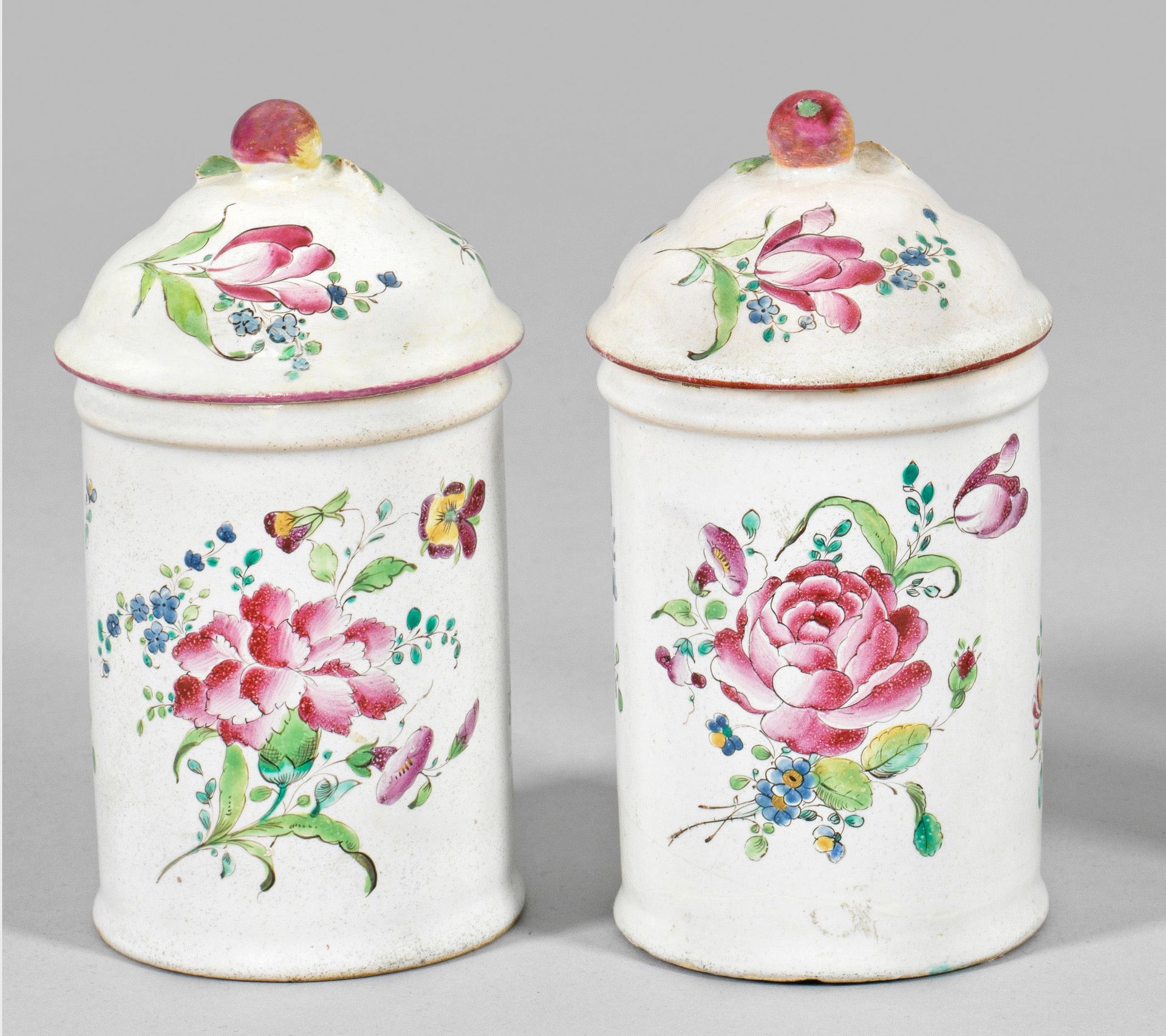 Null Pair of Strasbourg faience jars Cylindrical, bell-shaped, curved lid with f&hellip;