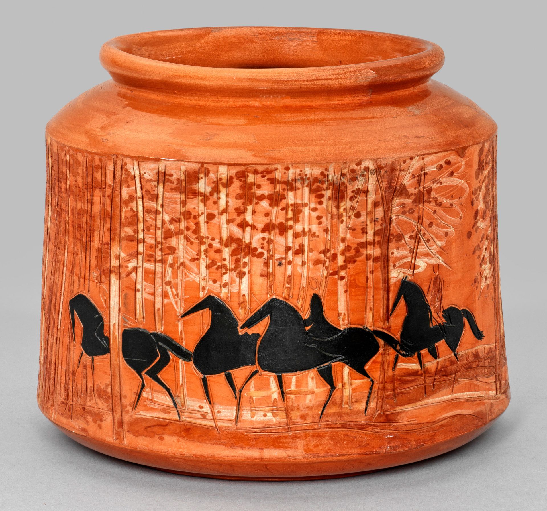 Null Vase en céramique d'André Brasilier avec chevaux et cavaliers dans la forêt&hellip;