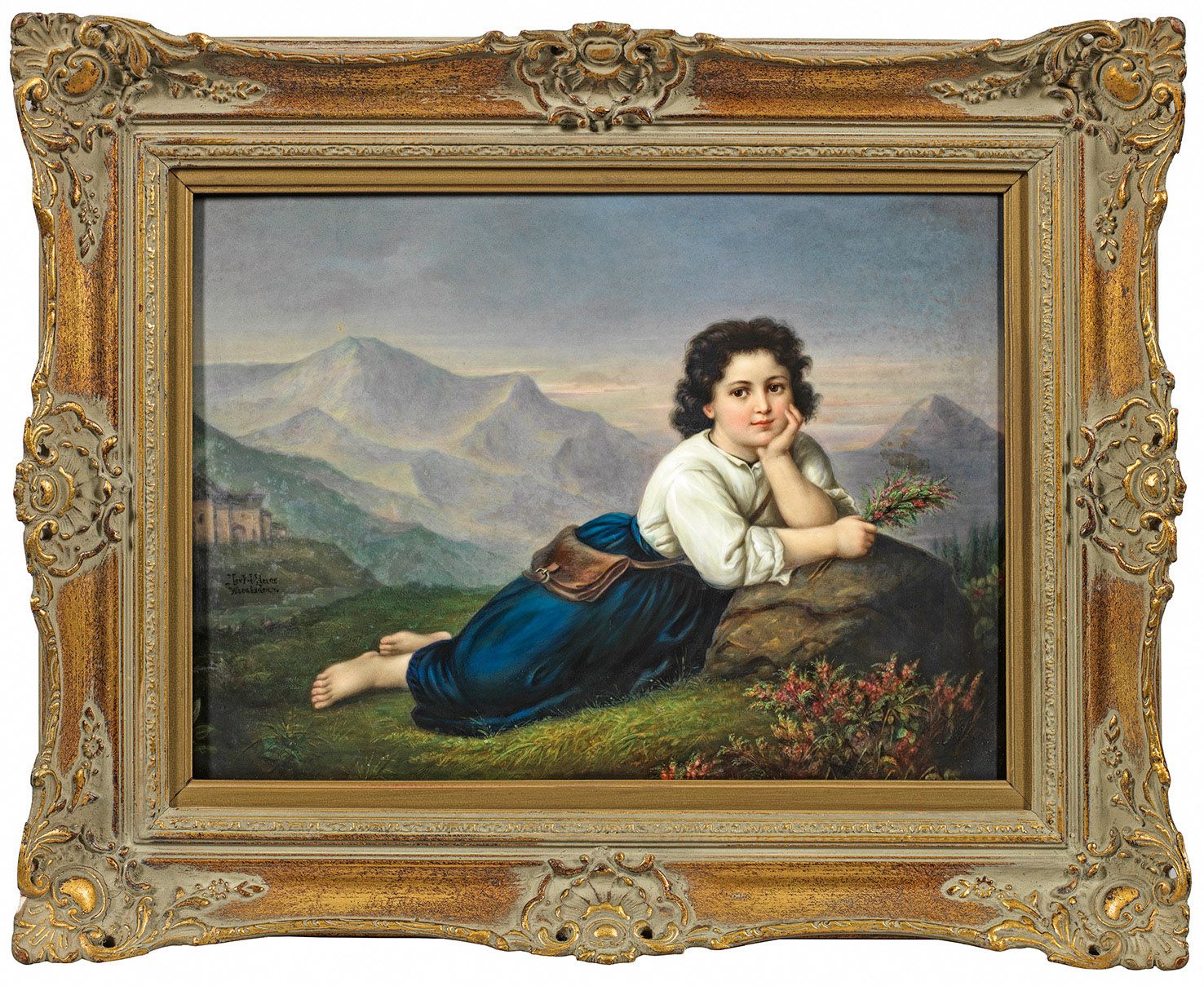 Null Grande peinture sur porcelaine "Jeune fille aux fleurs" d'après Friedrich D&hellip;