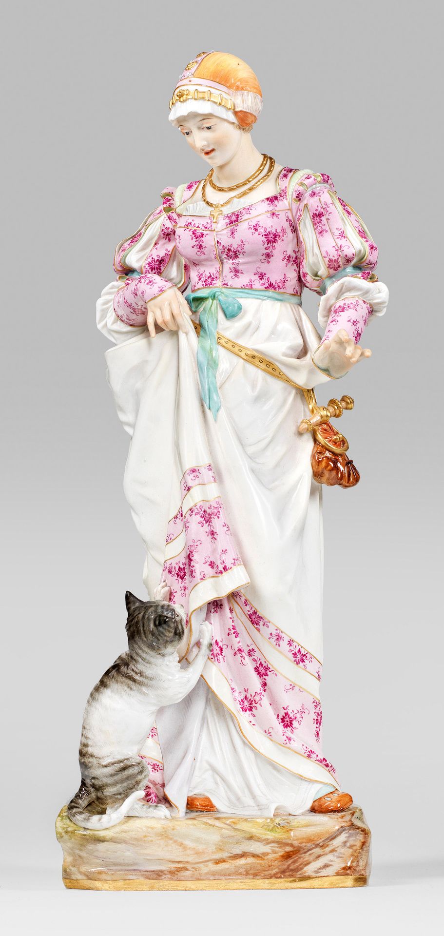Null Grande et rare figure costumée de Meissen "Dame au chat" Sur un socle natur&hellip;