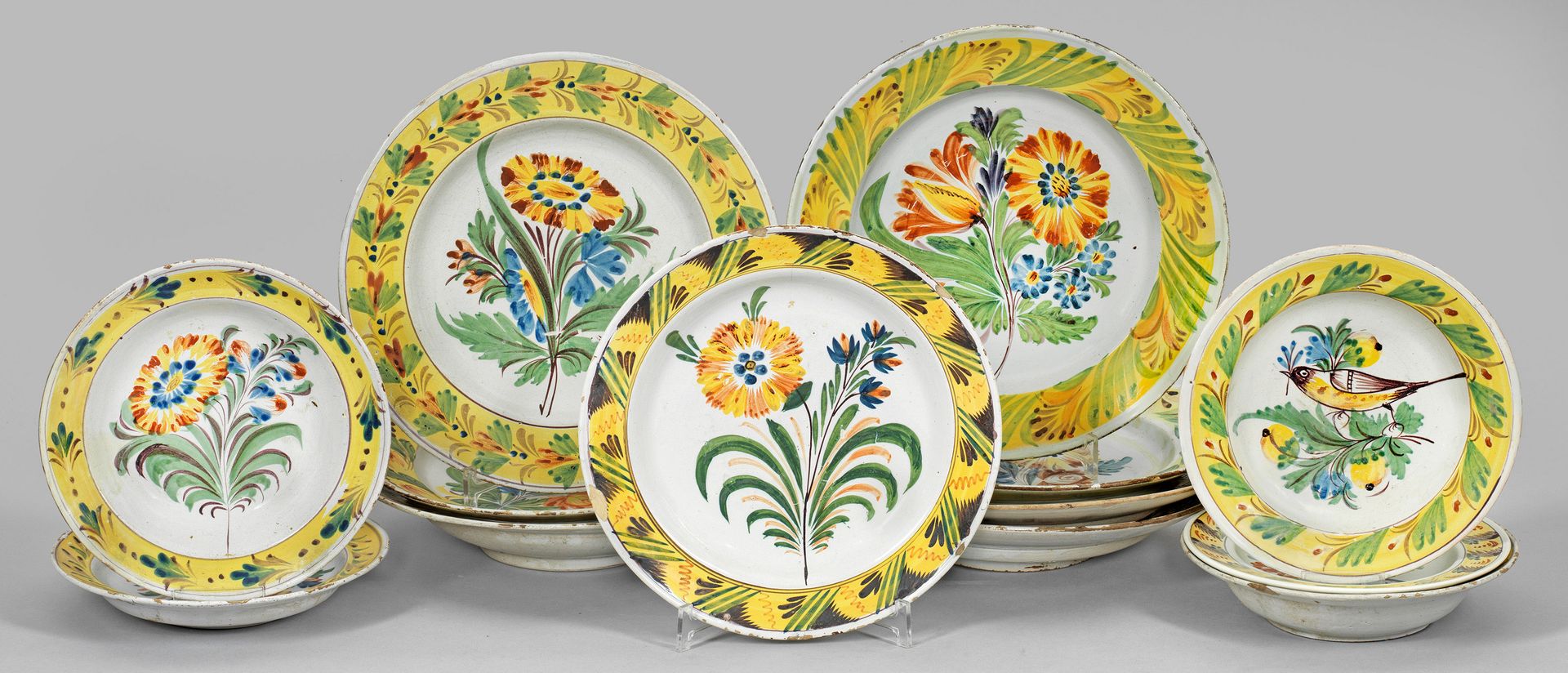 Null Collection of 13 Kellinghusen faience plates. Seven large plates, one mediu&hellip;