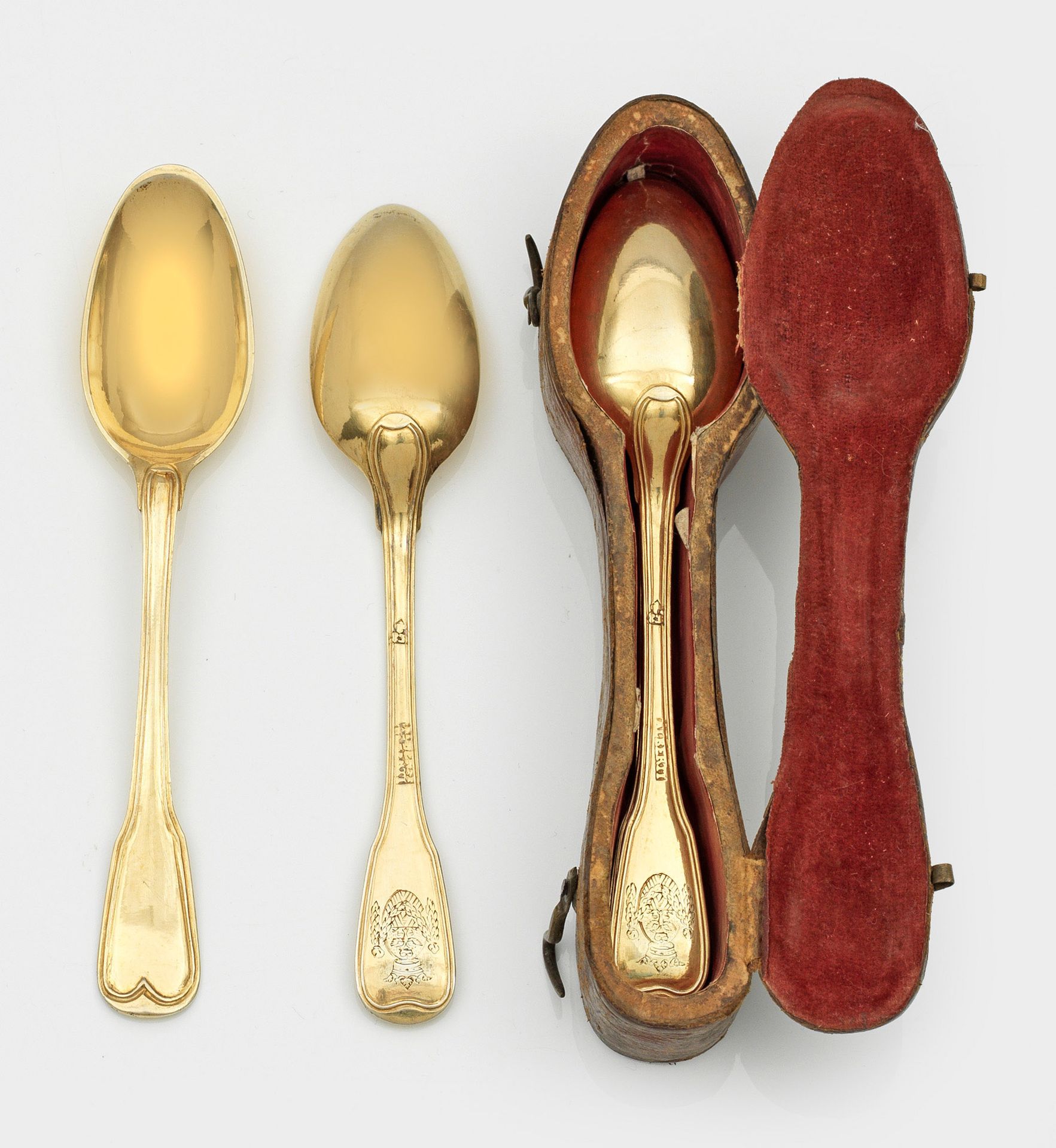 Null Set of six Louis XVI teaspoons in original, florally embossed leather case.&hellip;