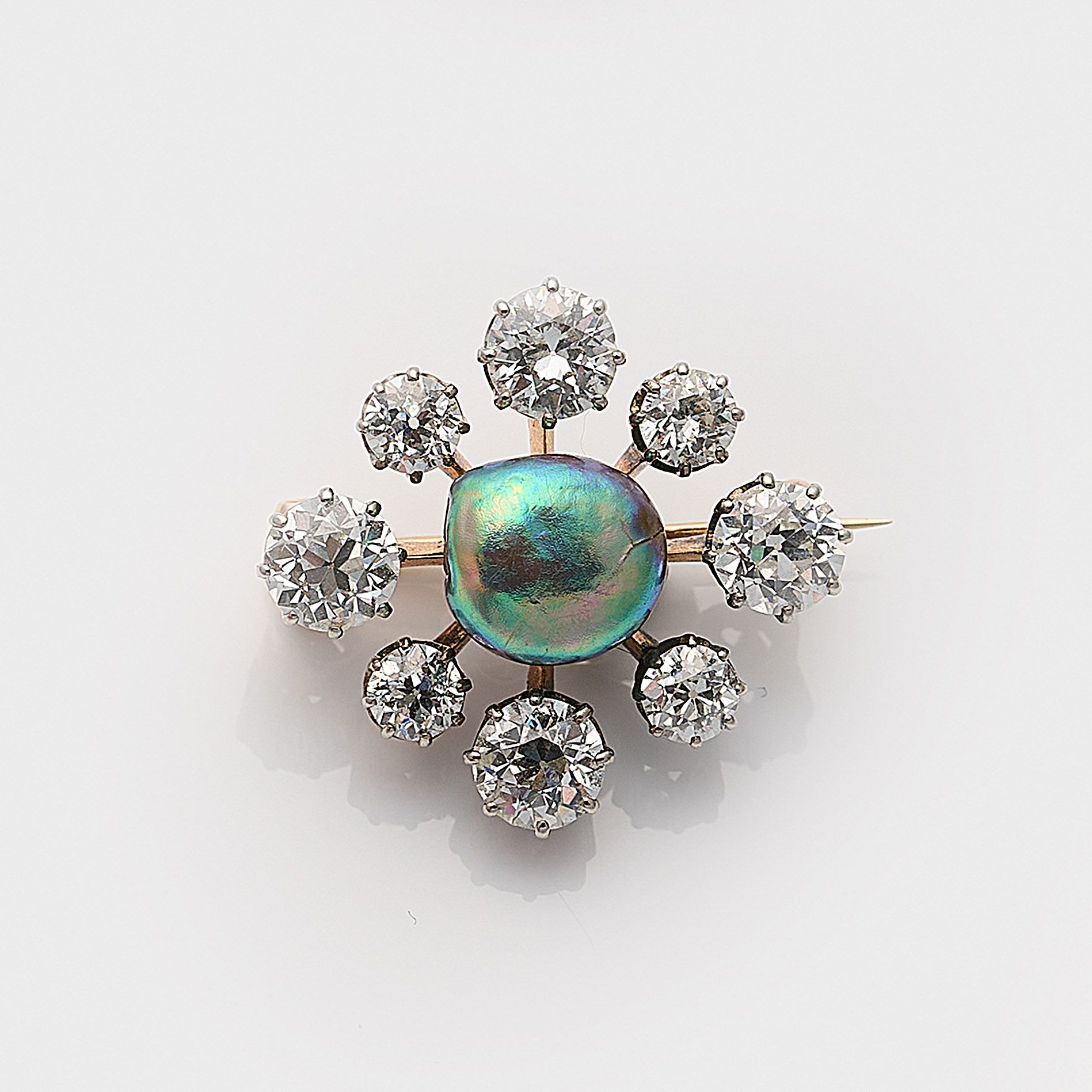 Null Spilla di diamanti Belle Epoque con rara perla abalone, oro rosa, mat. 585 &hellip;