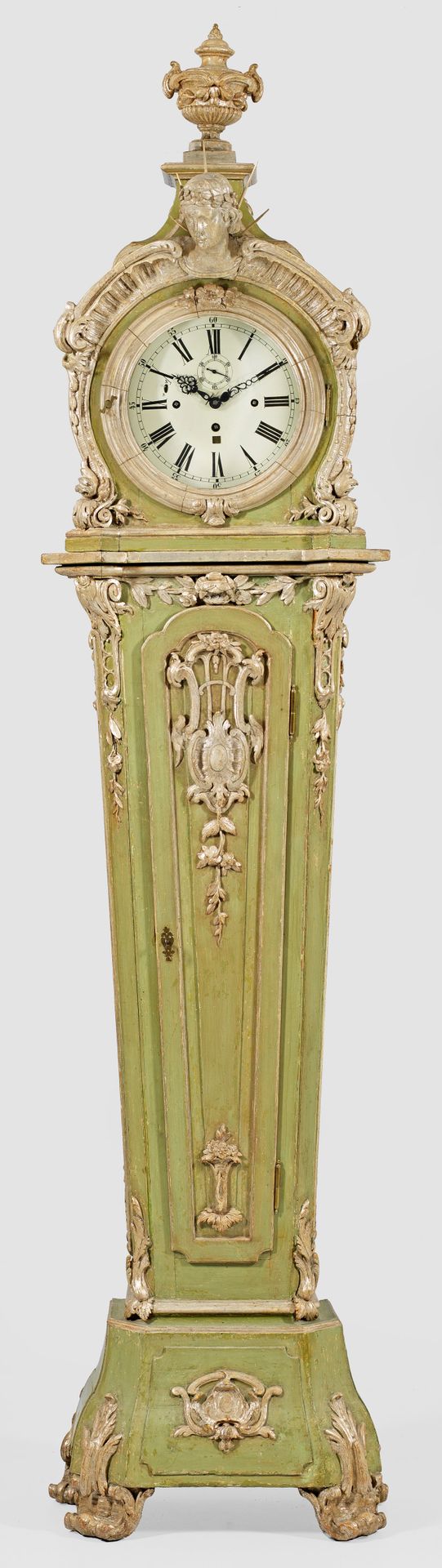 Null Courtly rococo longcase clock, carved wood, painted sea green and partially&hellip;