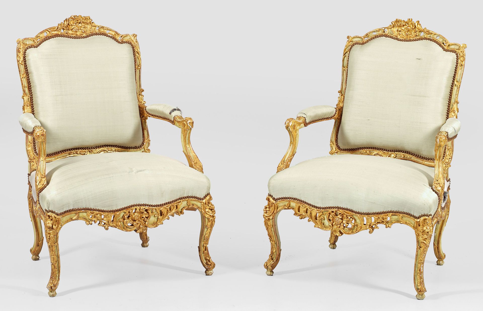 Null Pair of Louis XV wooden armchairs, carved, stuccoed, painted sea green and &hellip;