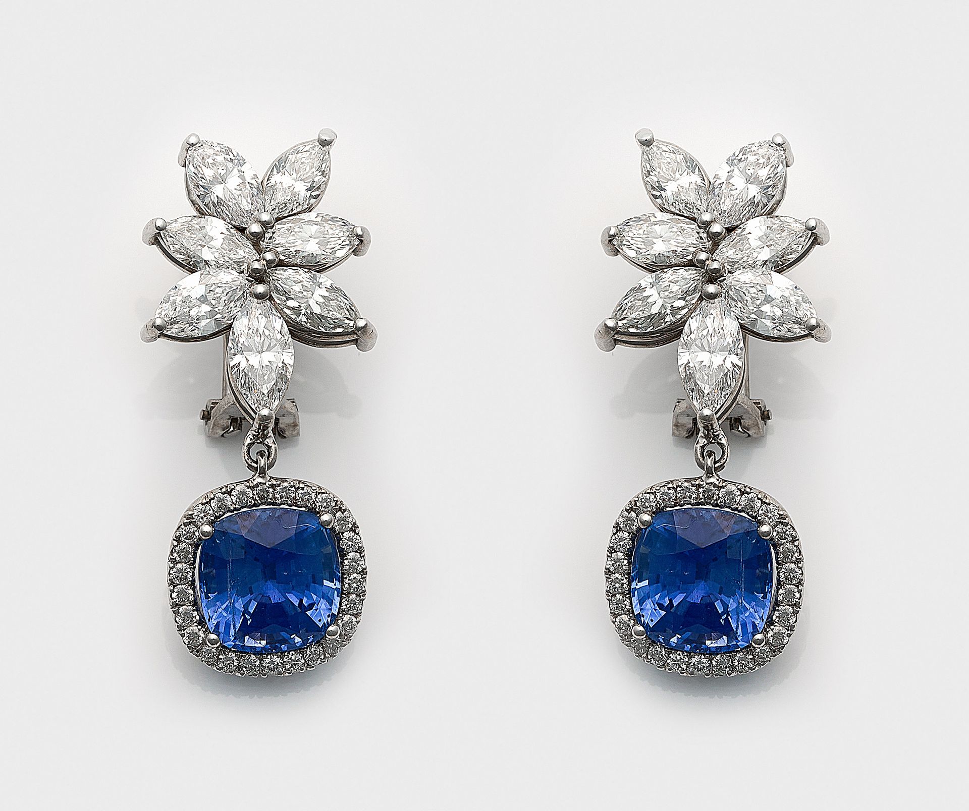 Null A pair of glamorous Ceylon sapphire and diamond ear pendants, white gold, s&hellip;