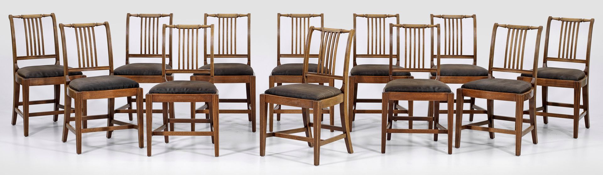 Null Set of twelve mahogany dining room chairs. Trapezoidal, slightly cambered f&hellip;