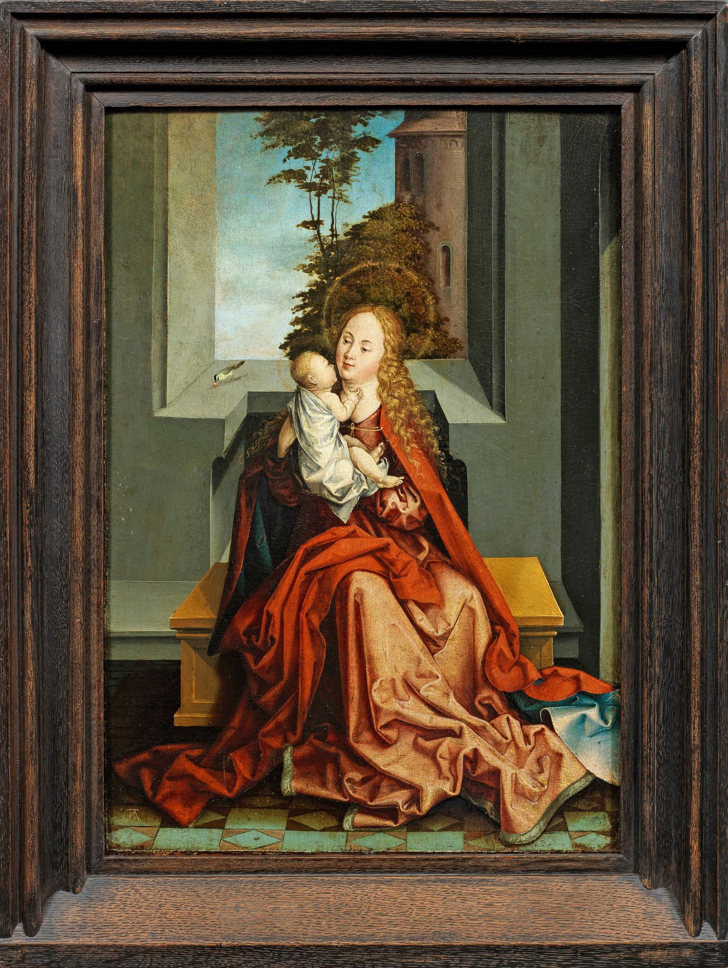 Null 丢勒文艺复兴时期的德国或佛兰德画家
(活跃于 1600 年前后）
圣母
玛利亚坐在窗凹处的长凳上，身着红色长裙和蓝红相间的斗篷，右颊抱着孩子；窗台上有&hellip;